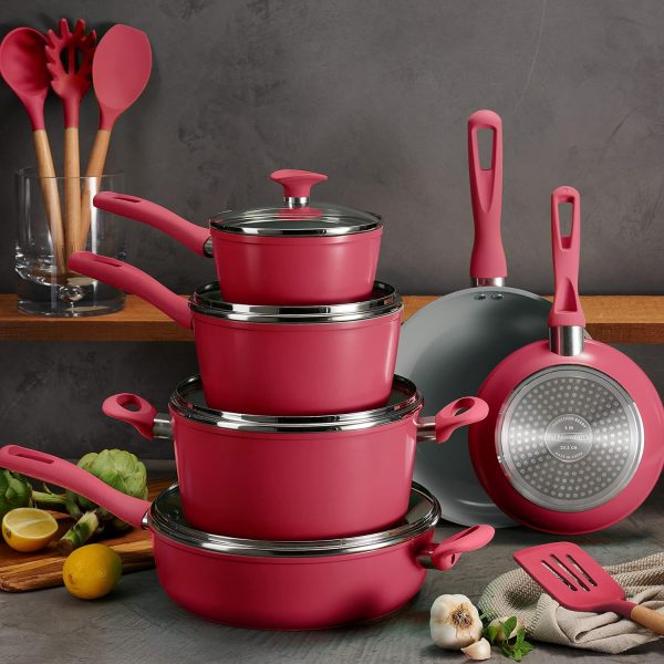 14-Piece Ceramic Cookware Set Red Nonstick, Induction-Ready, Oven Safe, Dishwasher Safe, Includes Fry Pans, Sauté Pan, Sauce Pans, Dutch Oven, and Wooden Utensils, 80110/034DS
