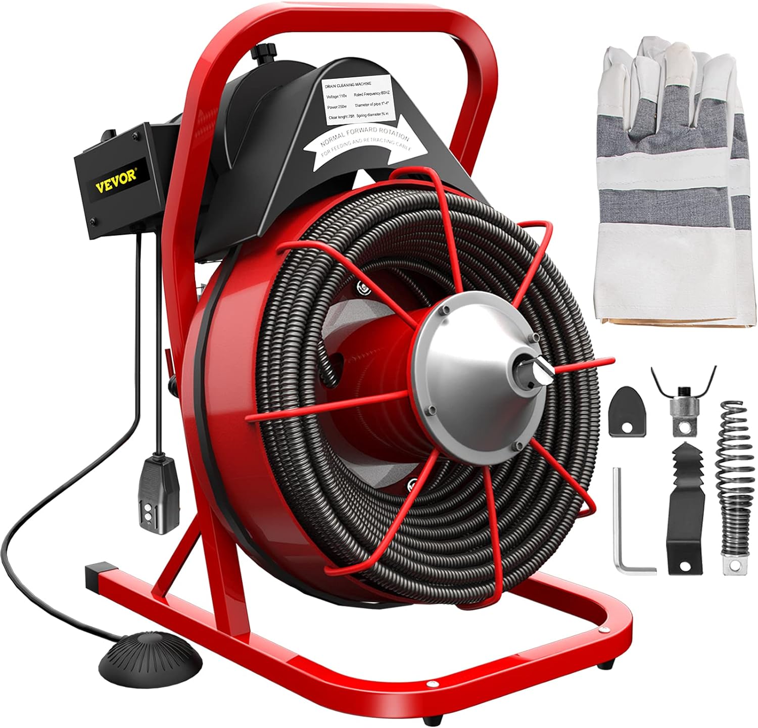 Drain Cleaner Machine, 75 Ft x 3/8 Inch Drain Cleaning Machine Fits 1 to 4 Inch Pipes, Portable Drain Auger Cleaner with 4 Cutters, Electric Drain Clog Remover Plumbing Tool