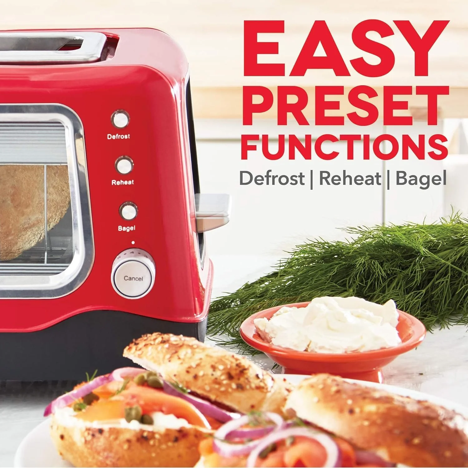 DASH Clear View Toaster - Compact Design with 7 Browning Levels & Clear-View Window, Extra-Wide Slot Large Toaster, 1-Touch Defrost, Reheat & Bagel Functions - Easy Clean Up Crumb Tray (Red)
