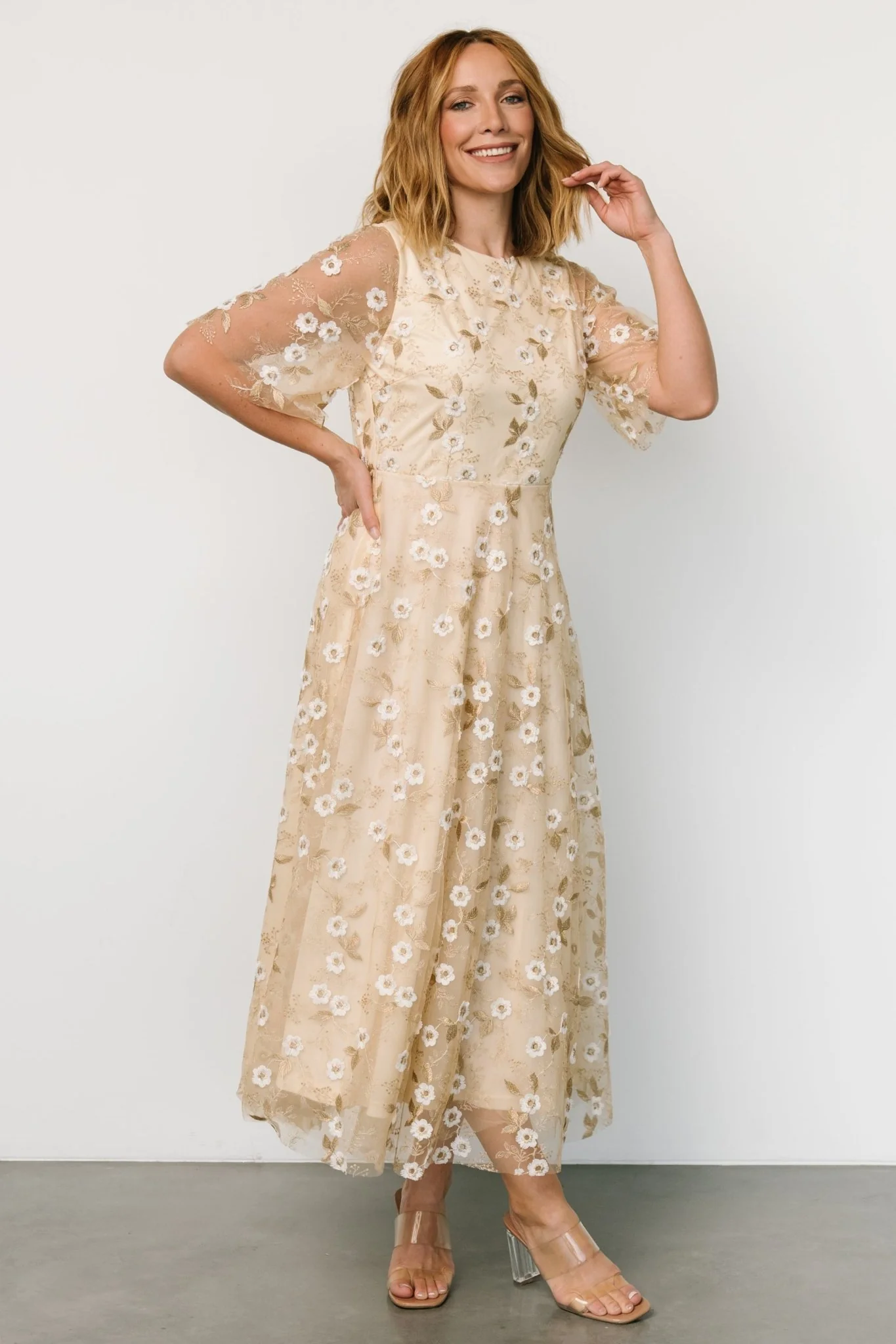 Arabella Embroidered Tulle Maxi Dress | Gold + White