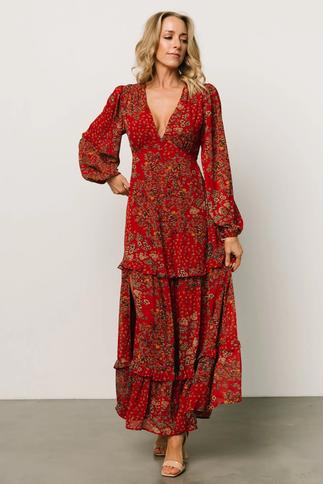 Bowman Deep V Maxi Dress | Red Multi