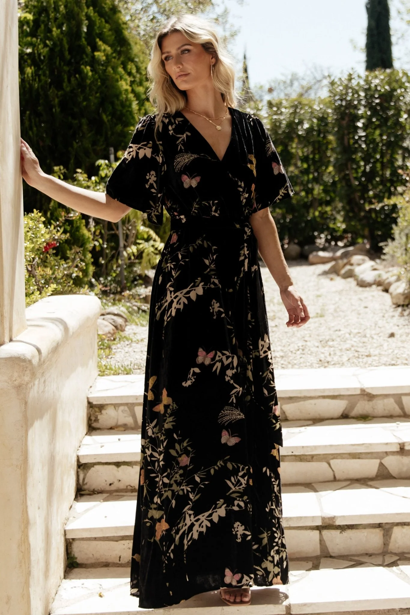 Uma Velvet Maxi Dress | Black Butterfly Print
