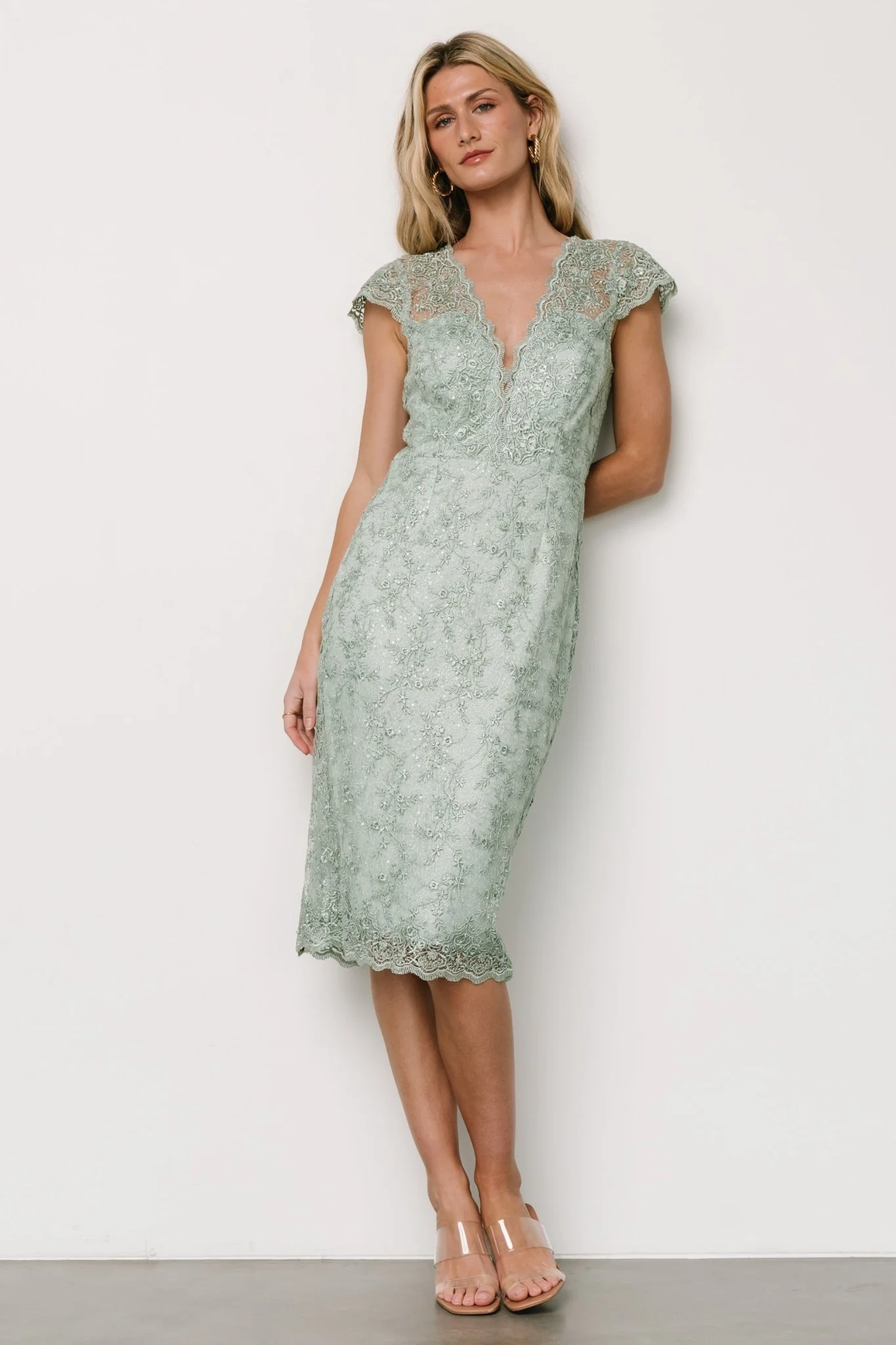 Oriana Embossed Shimmer Midi Dress | Sage