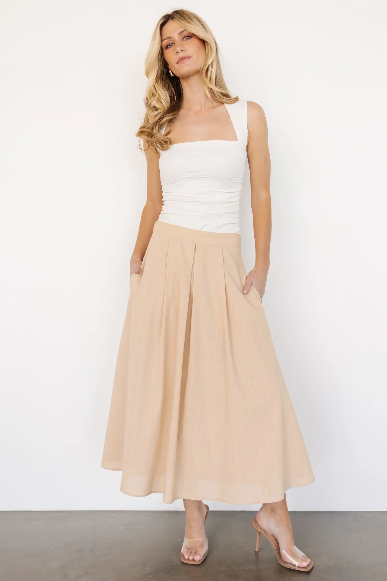 Katie Pleated Midi Skirt | Natural