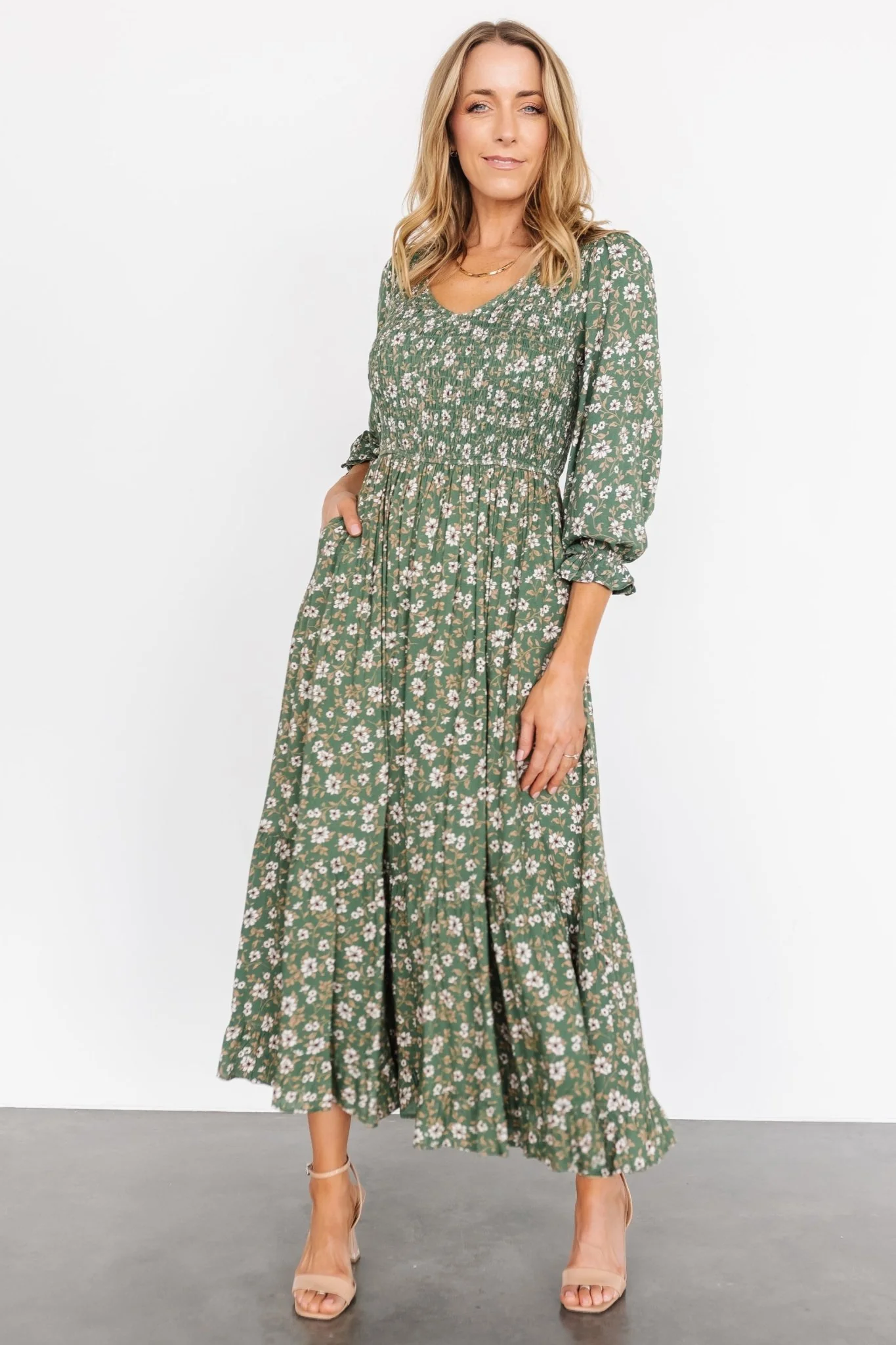 Tarryn Smocked Midi Dress | Olive Floral