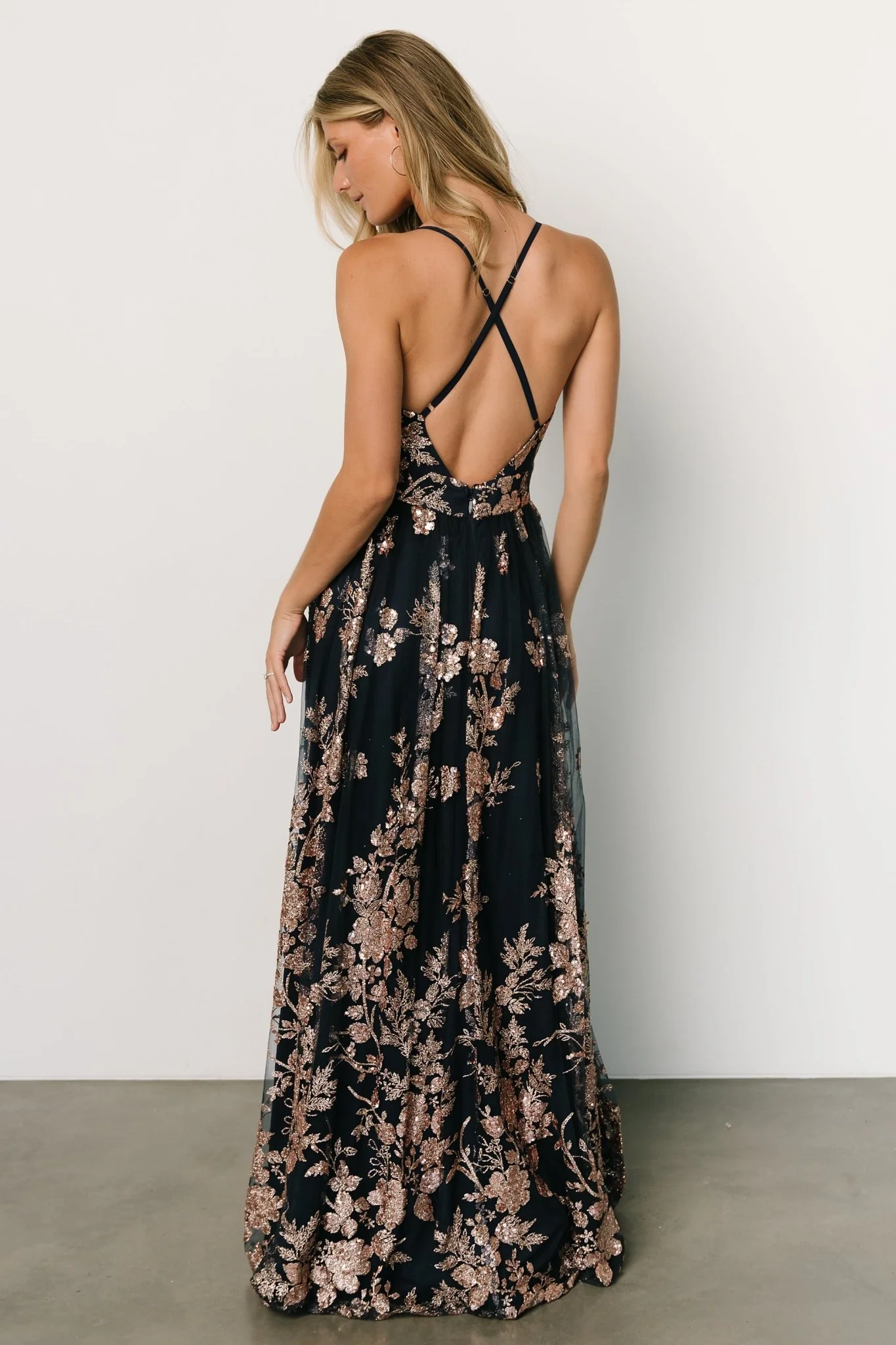 Lucienne Shimmer Maxi Gown | Navy + Rose Gold