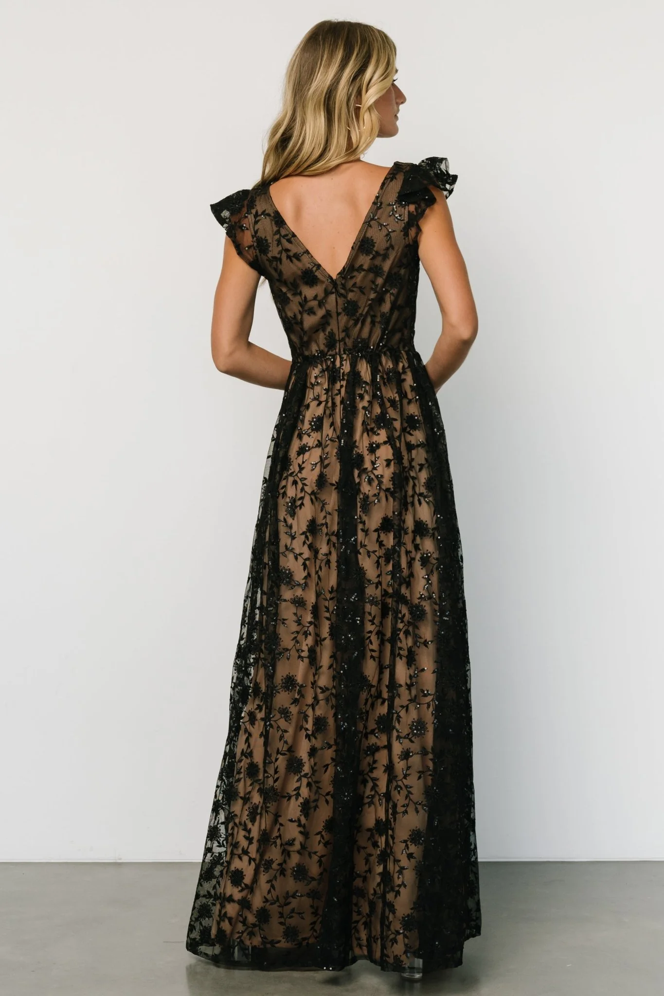 Alexa Embroidered Sequin Maxi Dress | Black + Nude