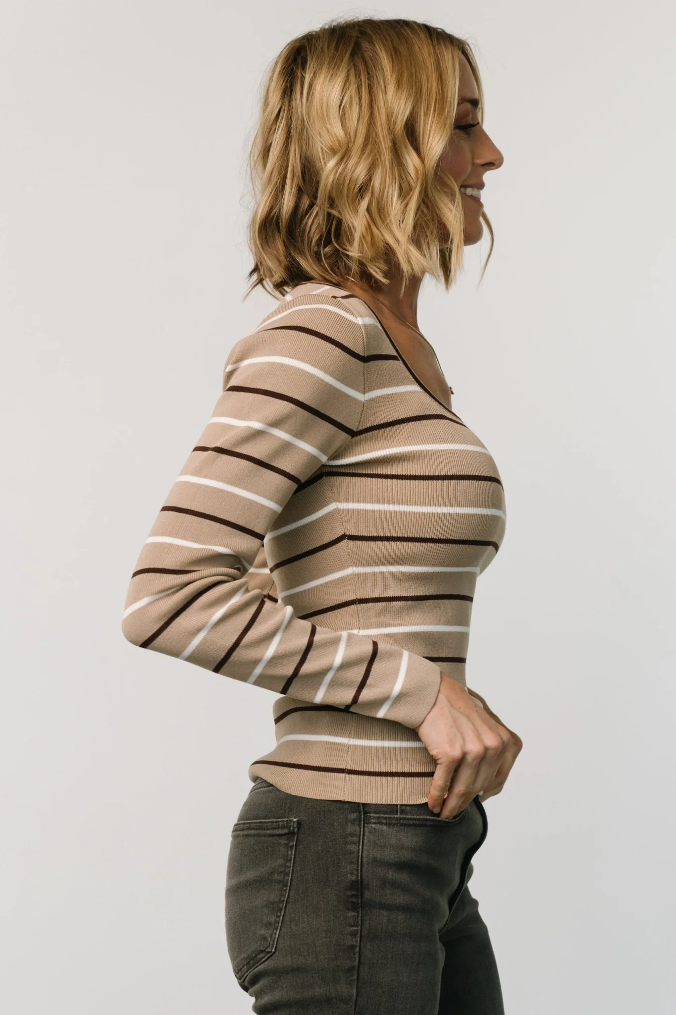 Kaylee Long Sleeve Top | Taupe Stripe