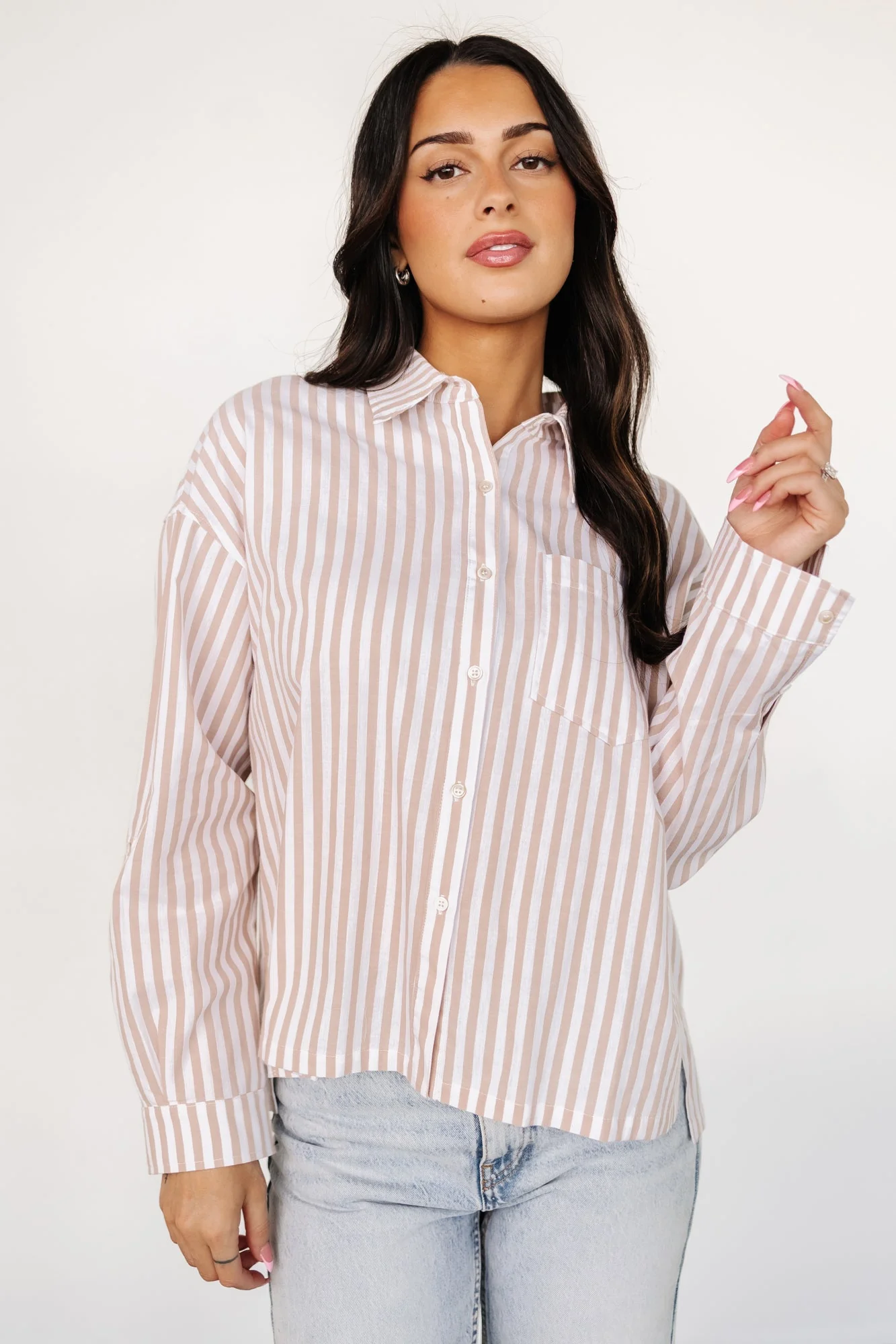Shasta Button Up Top | Beige Stripe