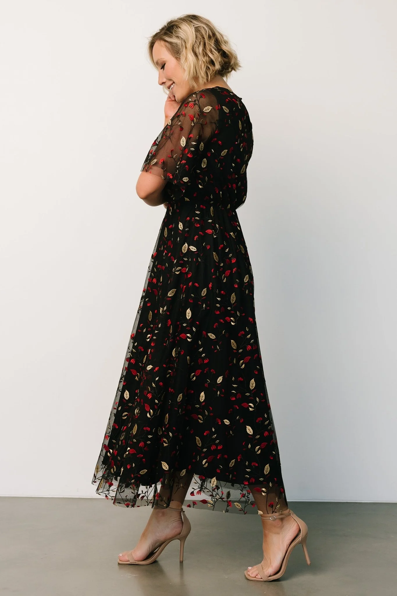 Arabella Embroidered Tulle Maxi Dress | Black + Red