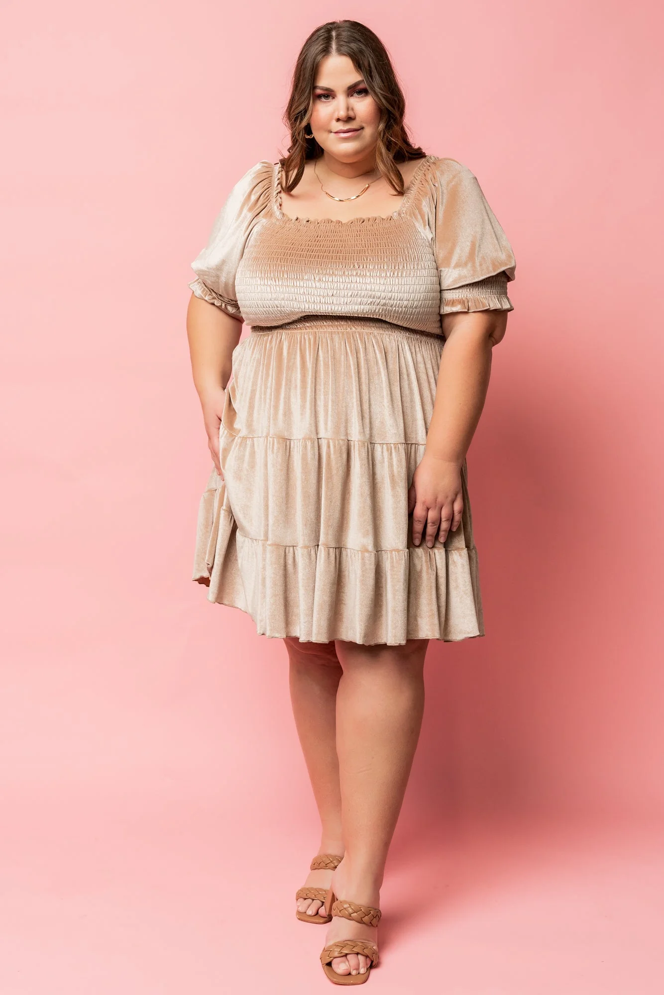 Bliss Smocked Velvet Short Dress | Natural