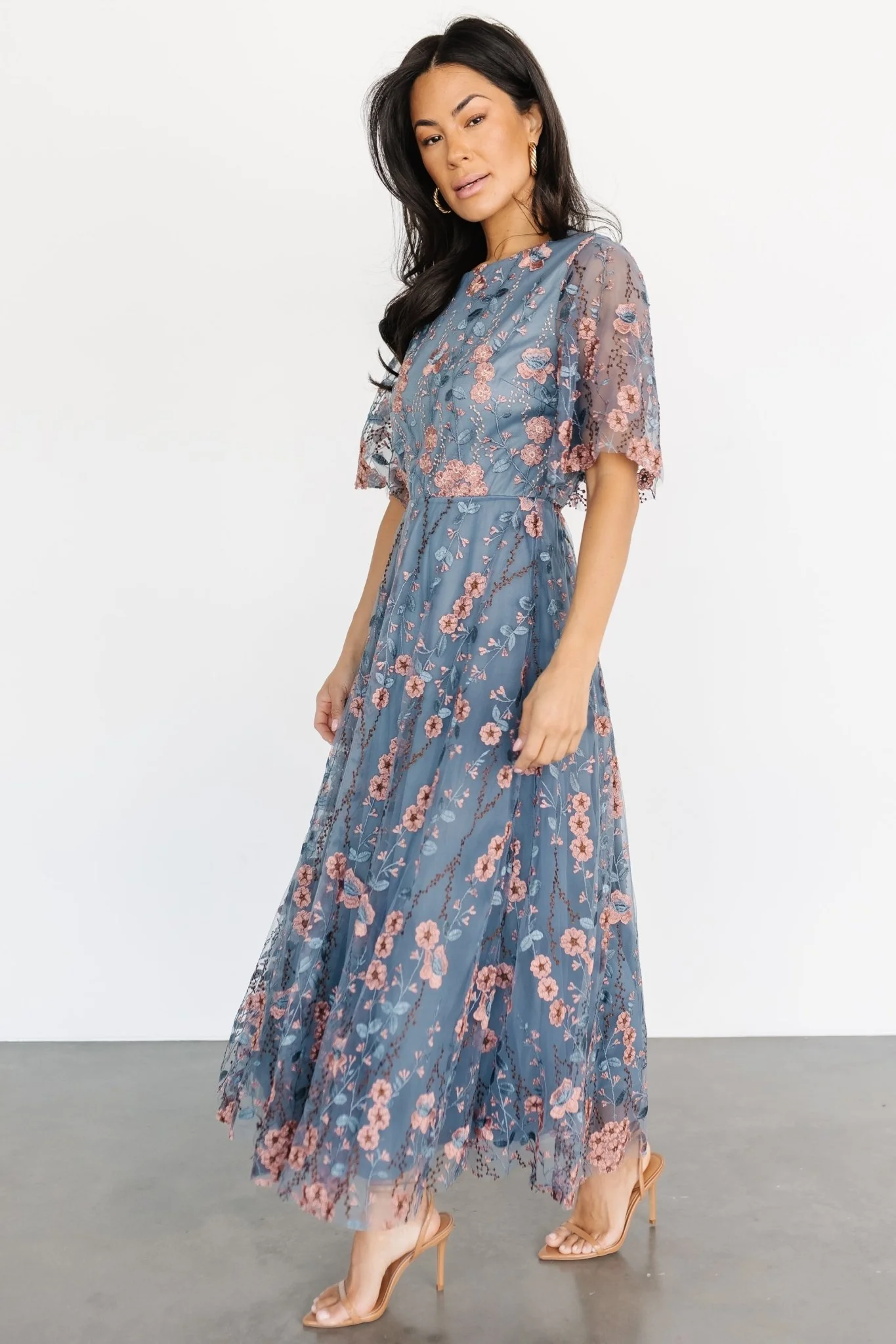 Arabella Embroidered Tulle Maxi Dress | Blue + Pink