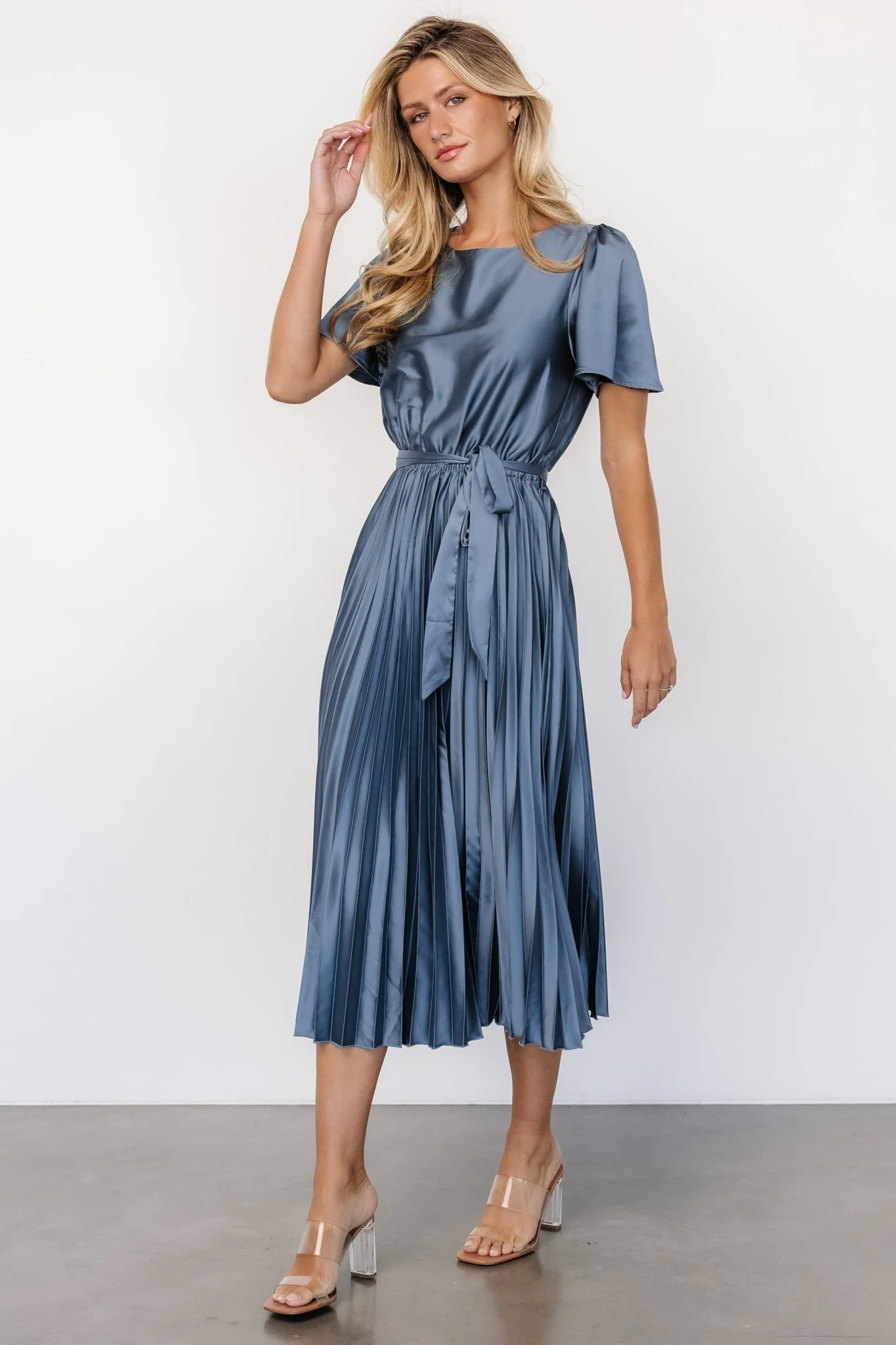 Adelaide Pleated Satin Dress | Blue