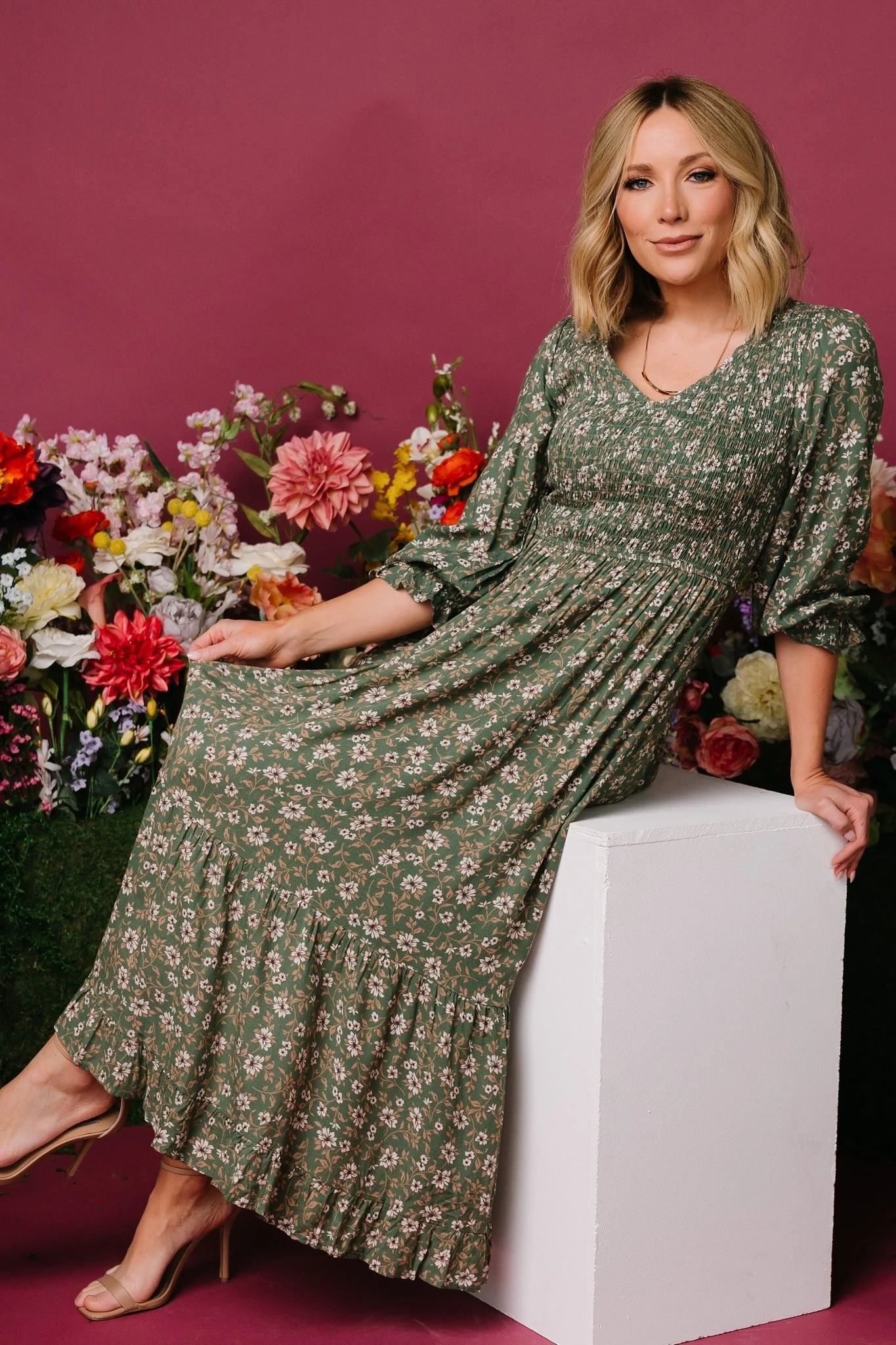 Tarryn Smocked Midi Dress | Olive Floral