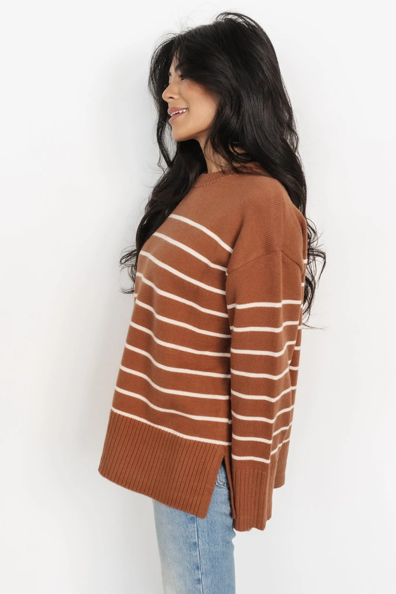 Emerson Stripe Knit Sweater | Dark Camel + Ivory