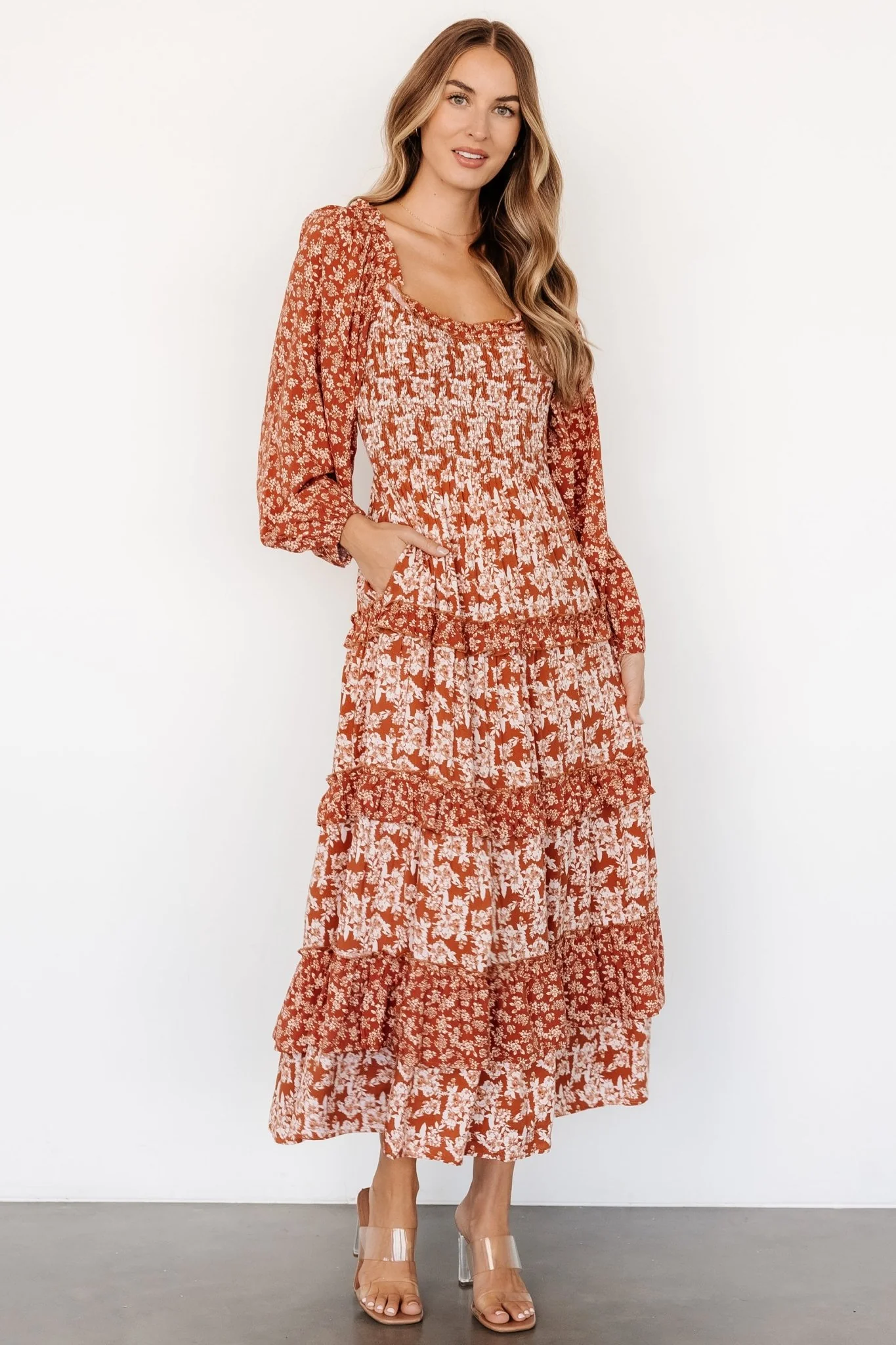 Dynah Tiered Dress | Rust +Cream Floral