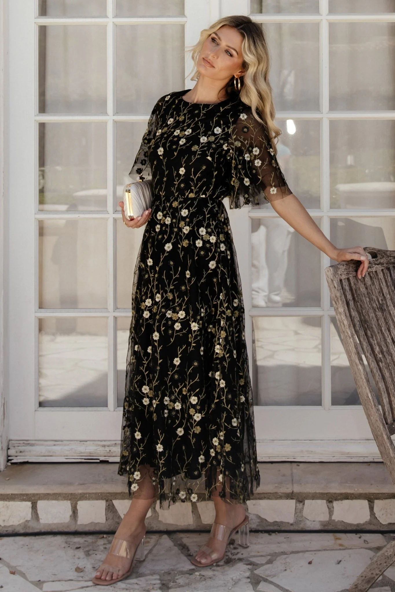 Arabella Embroidered Tulle Maxi Dress | Gold + Black