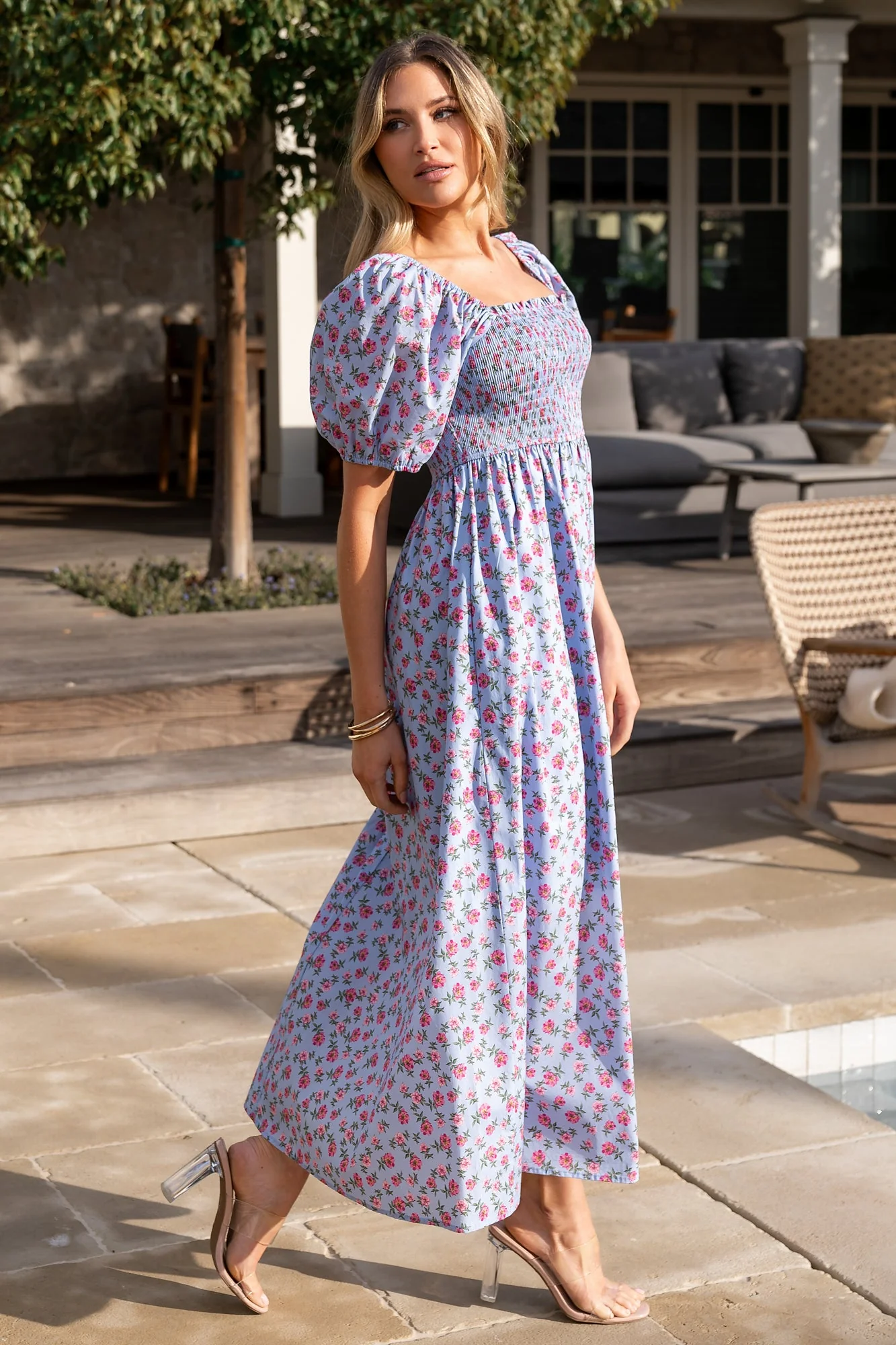 Haddie Smocked Midi Dress | Light Blue + Rose Floral