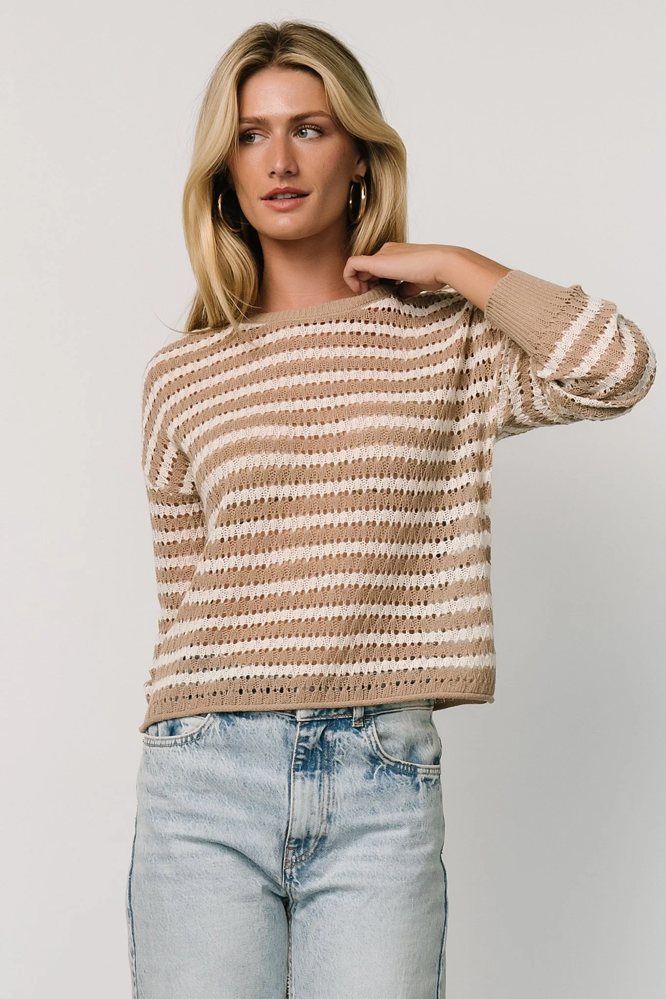 Dawn Open Knit Top | Taupe + Ivory