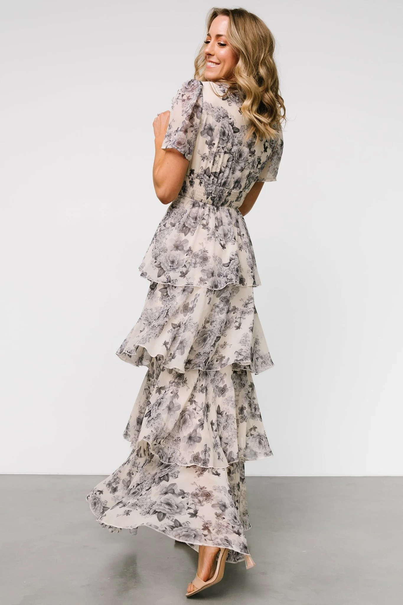 Montaigne Ruffle Maxi Dress | Beige + Slate Floral