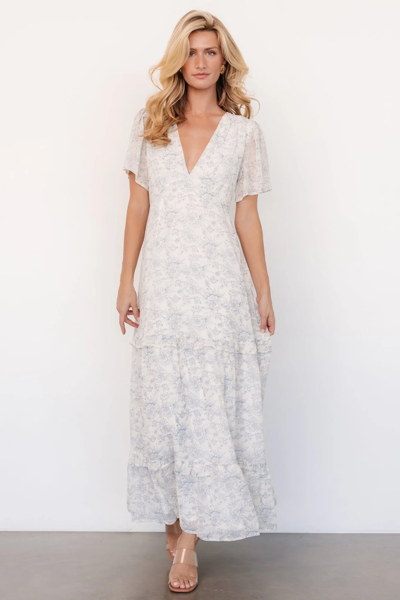 Audrey Deep V Maxi Dress | Off White + Blue Floral