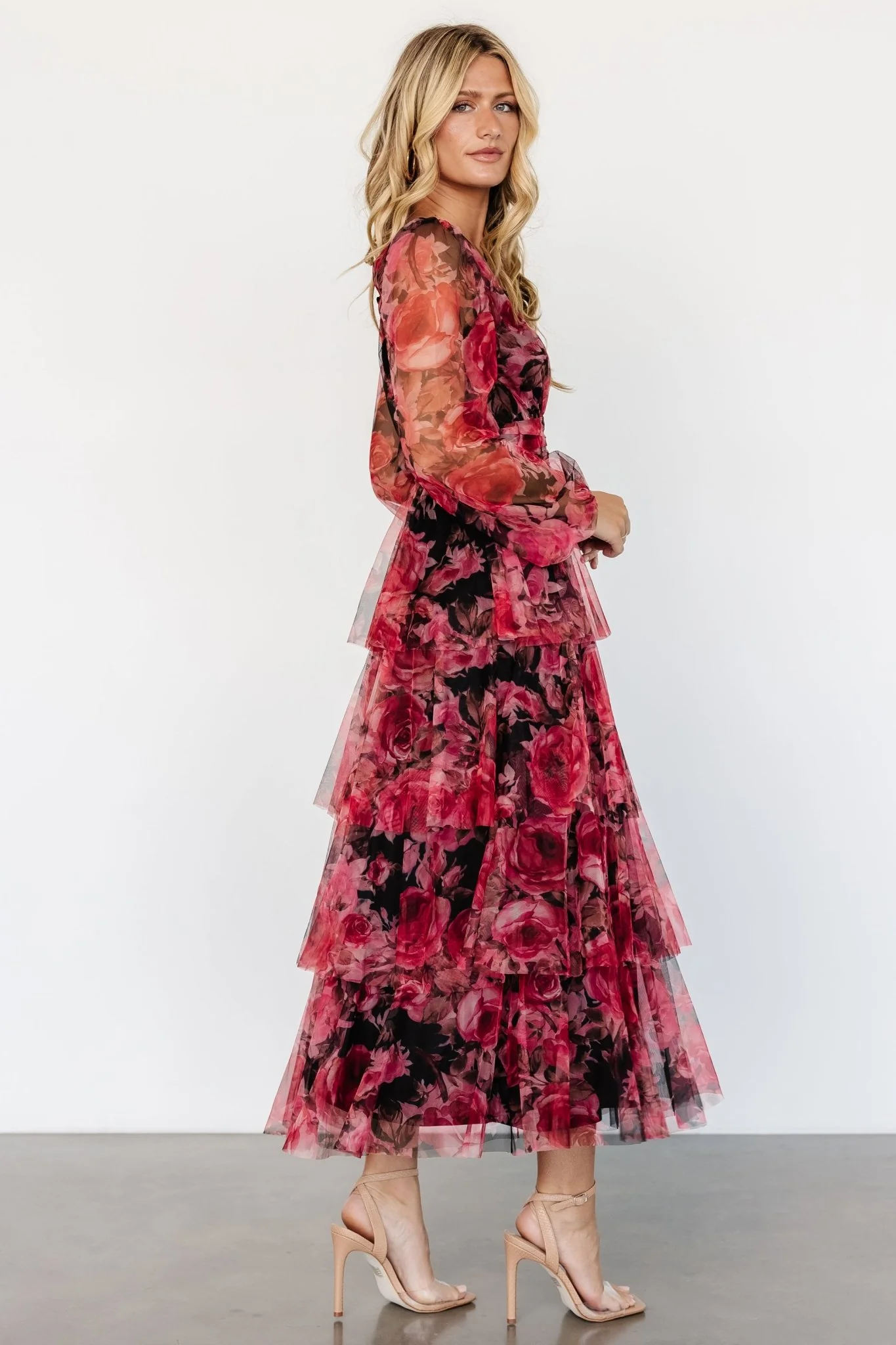 Carolina Tulle Tiered Maxi Dress | Red + Black Floral