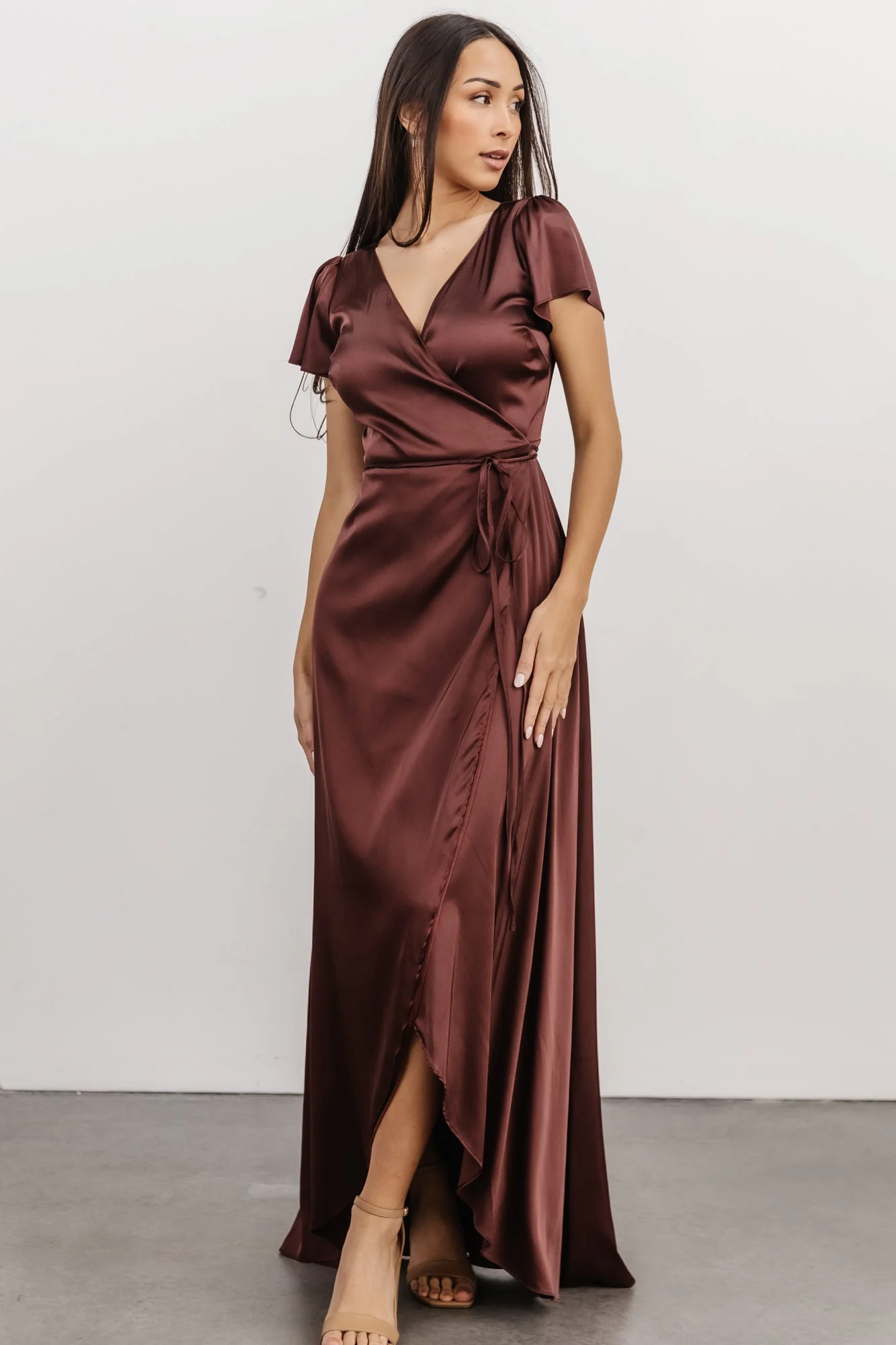 Krystal Satin Wrap Gown | Dark Clove