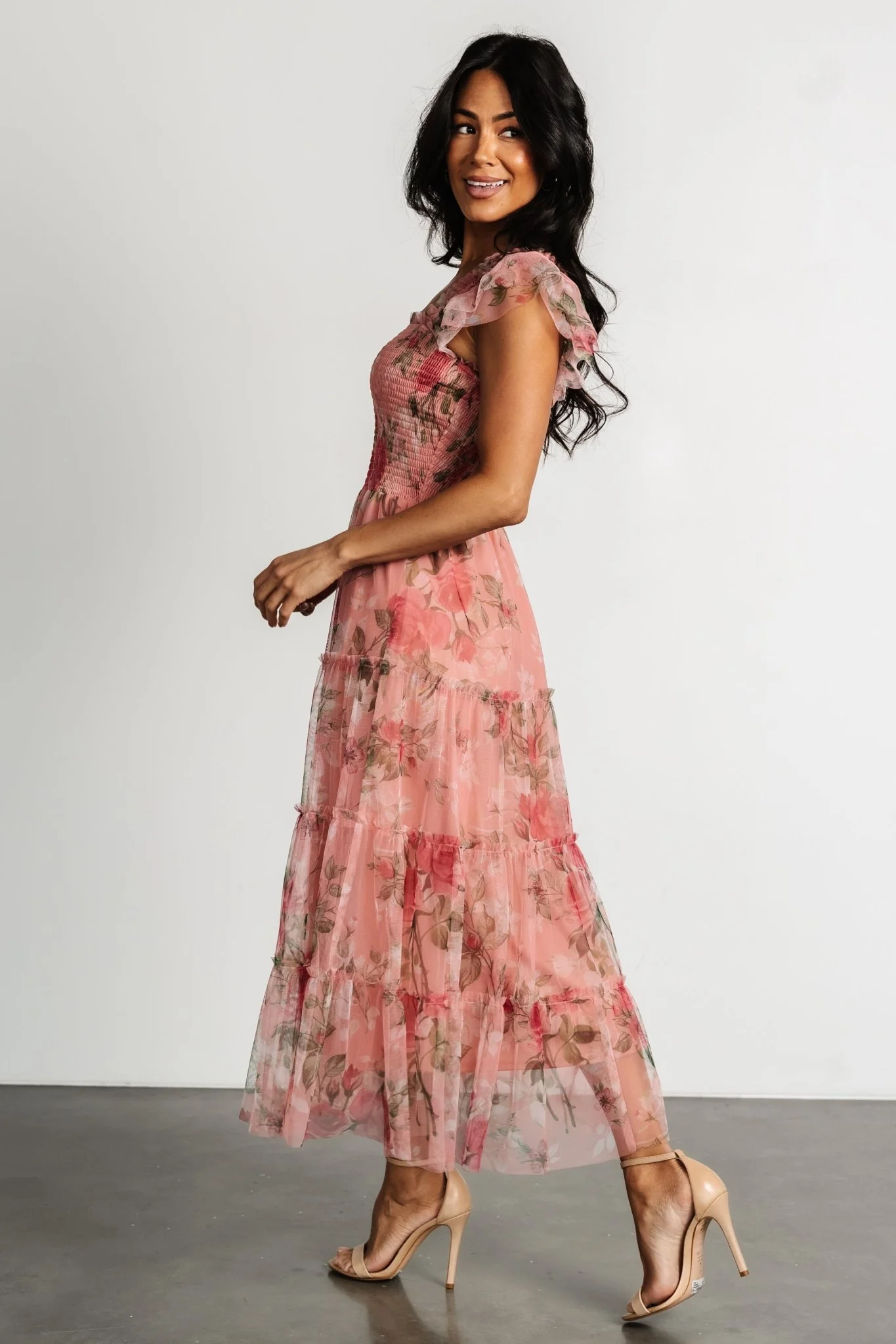 Clementine Tulle Midi Dress | Pink Rose Floral