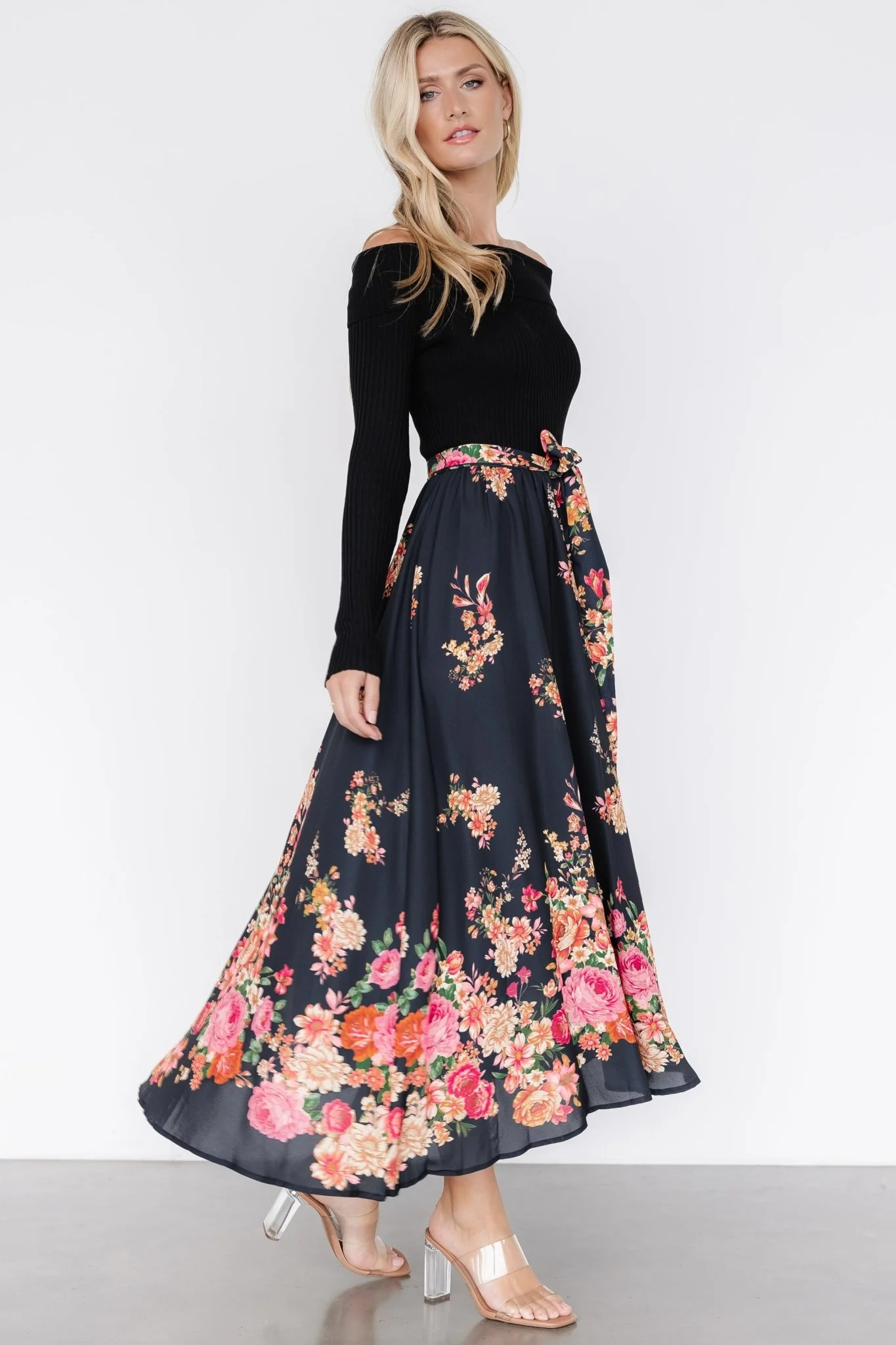 Qadira Off Shoulder Dress | Black + Multi Floral