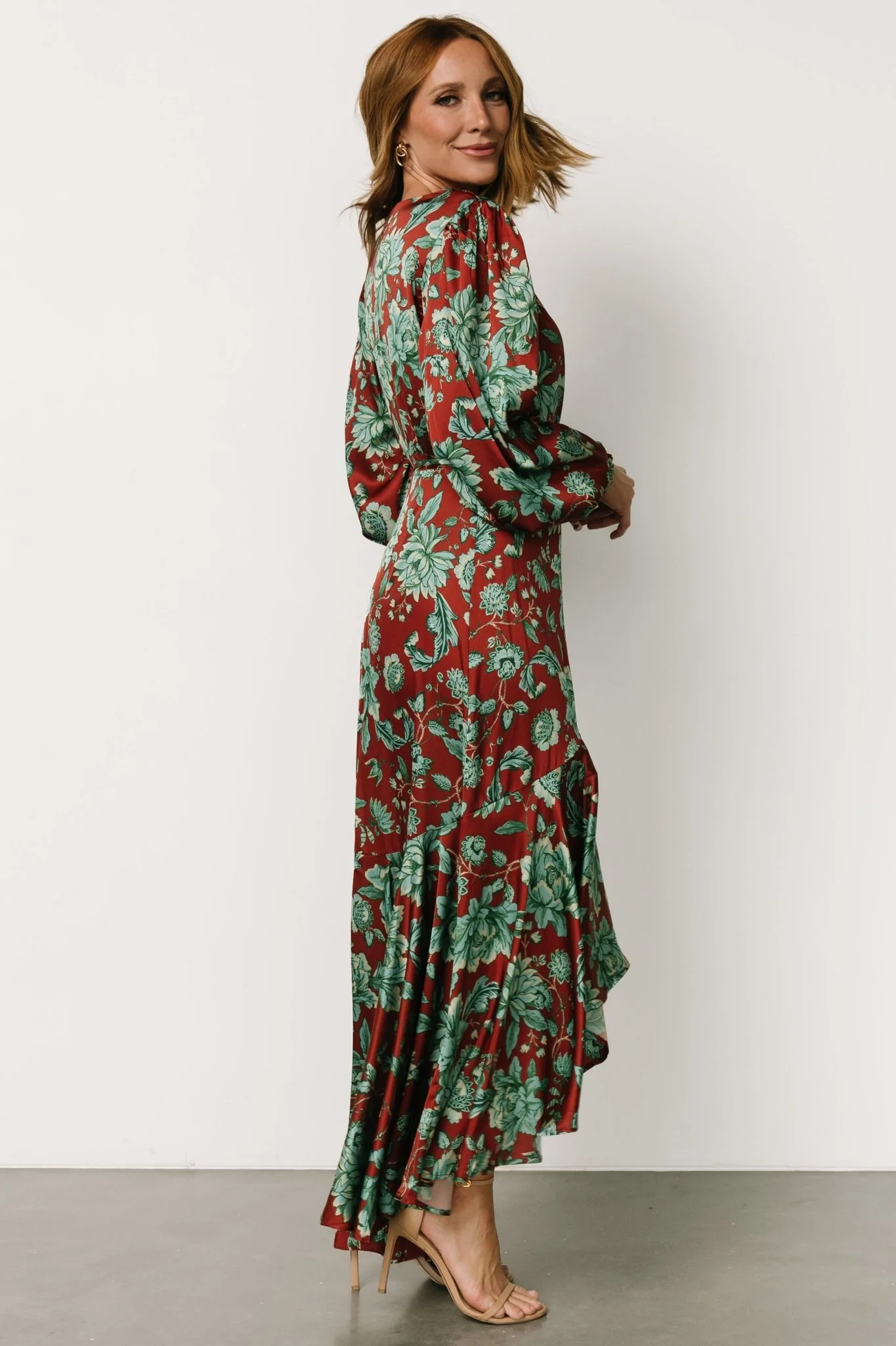 Lavinia Ruffle Maxi Dress | Rust + Green Floral