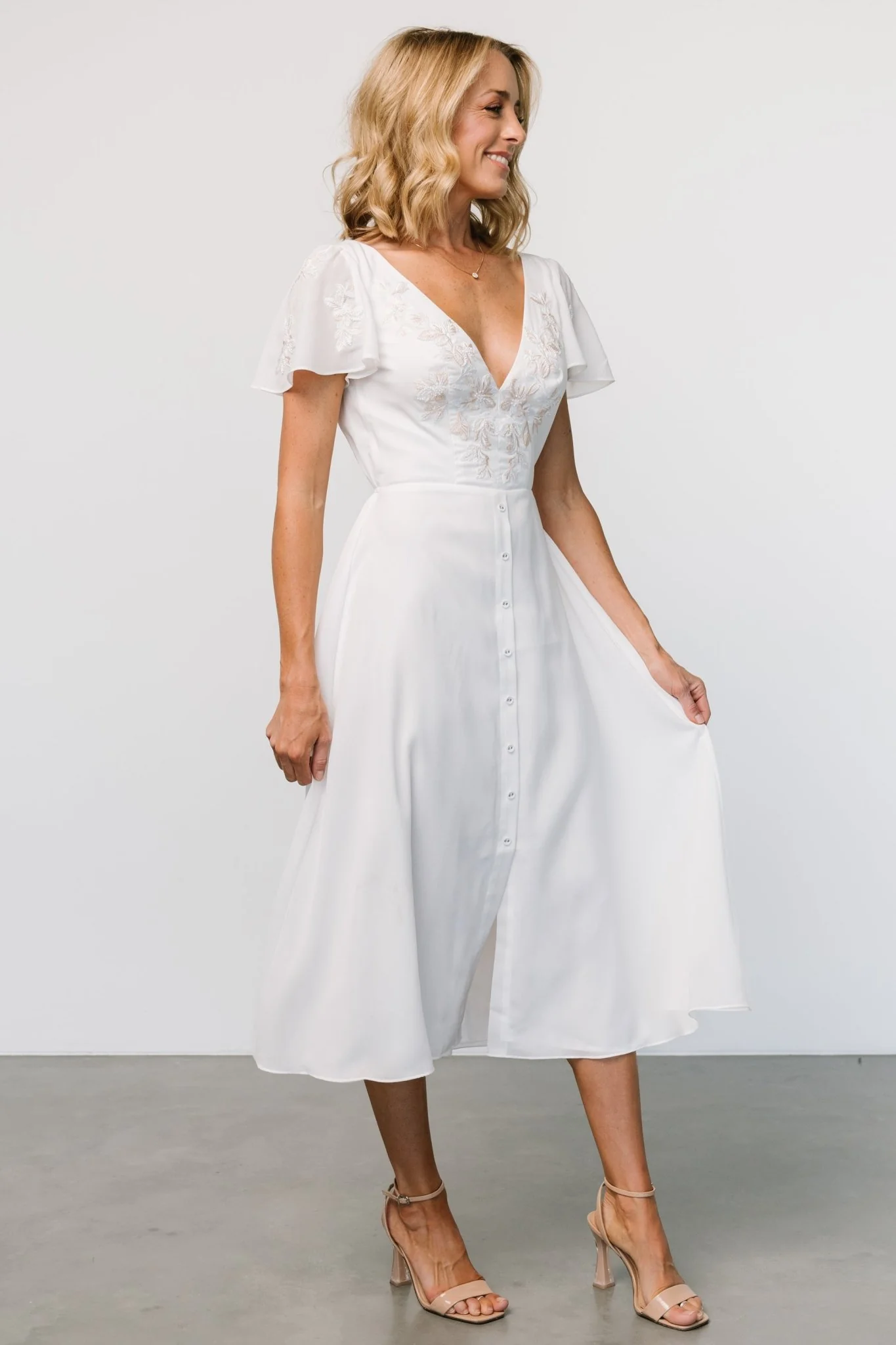 Swan Bead Embroidered Midi Dress | Off White