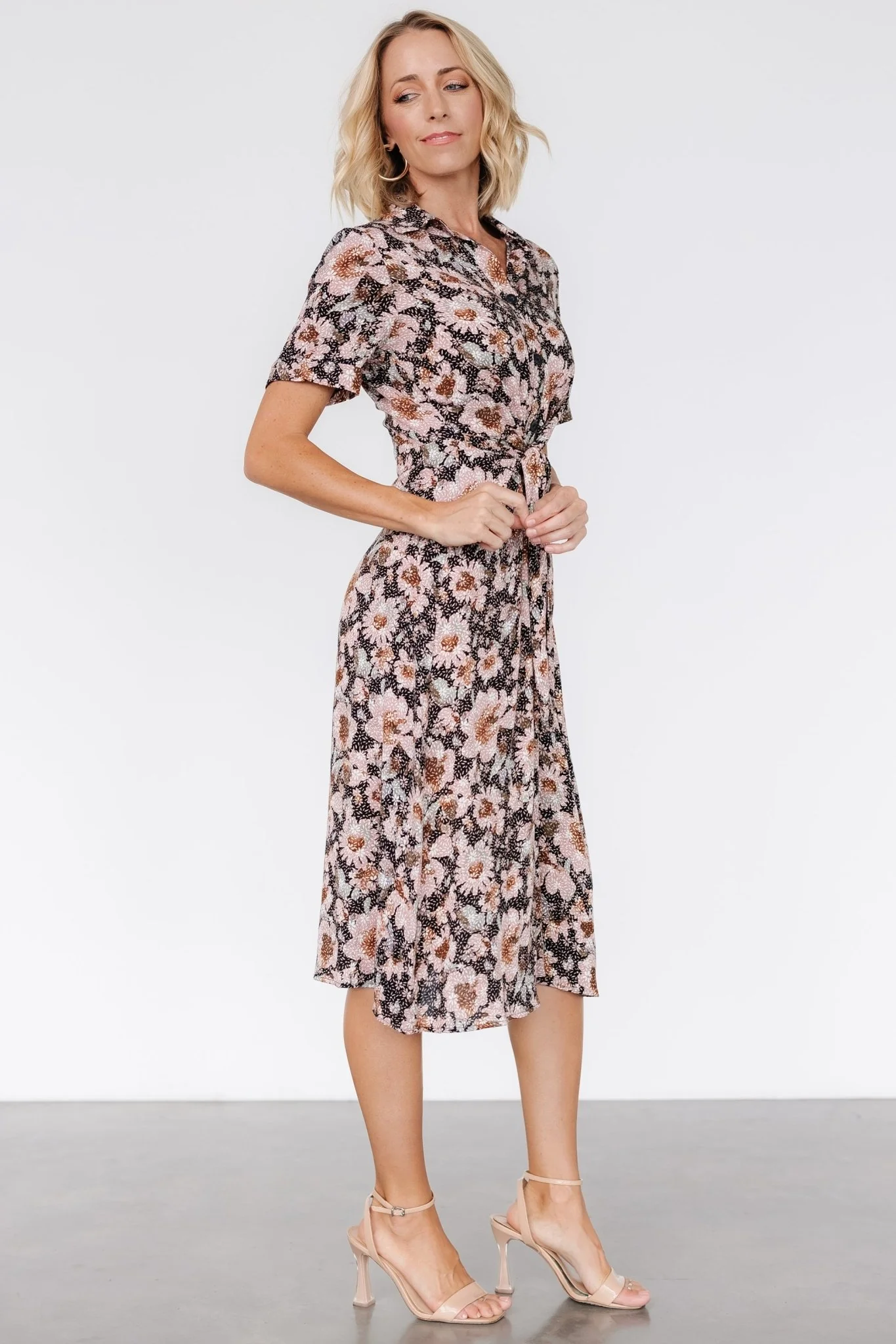 Feya Button Midi Dress | Black + Mauve Floral
