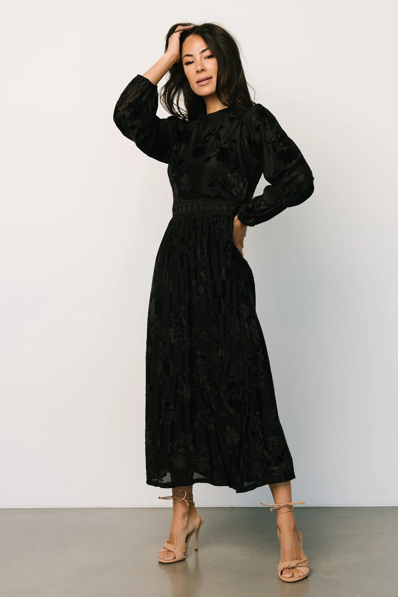 Christine Velvet Embossed Midi Dress | Black