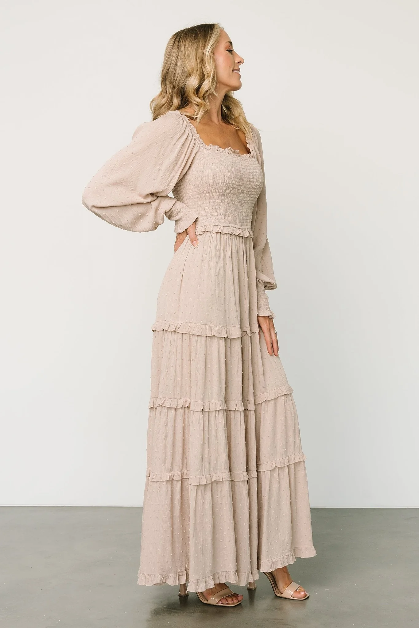 Amanda Smocked Dotted Maxi Dress | Beige