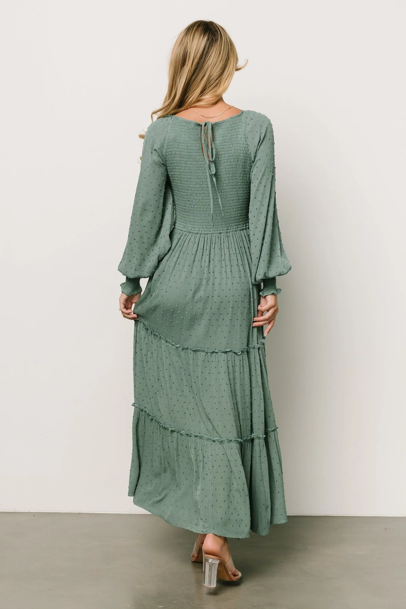 Bayley Smocked Dotted Maxi Dress | Dark Eucalyptus