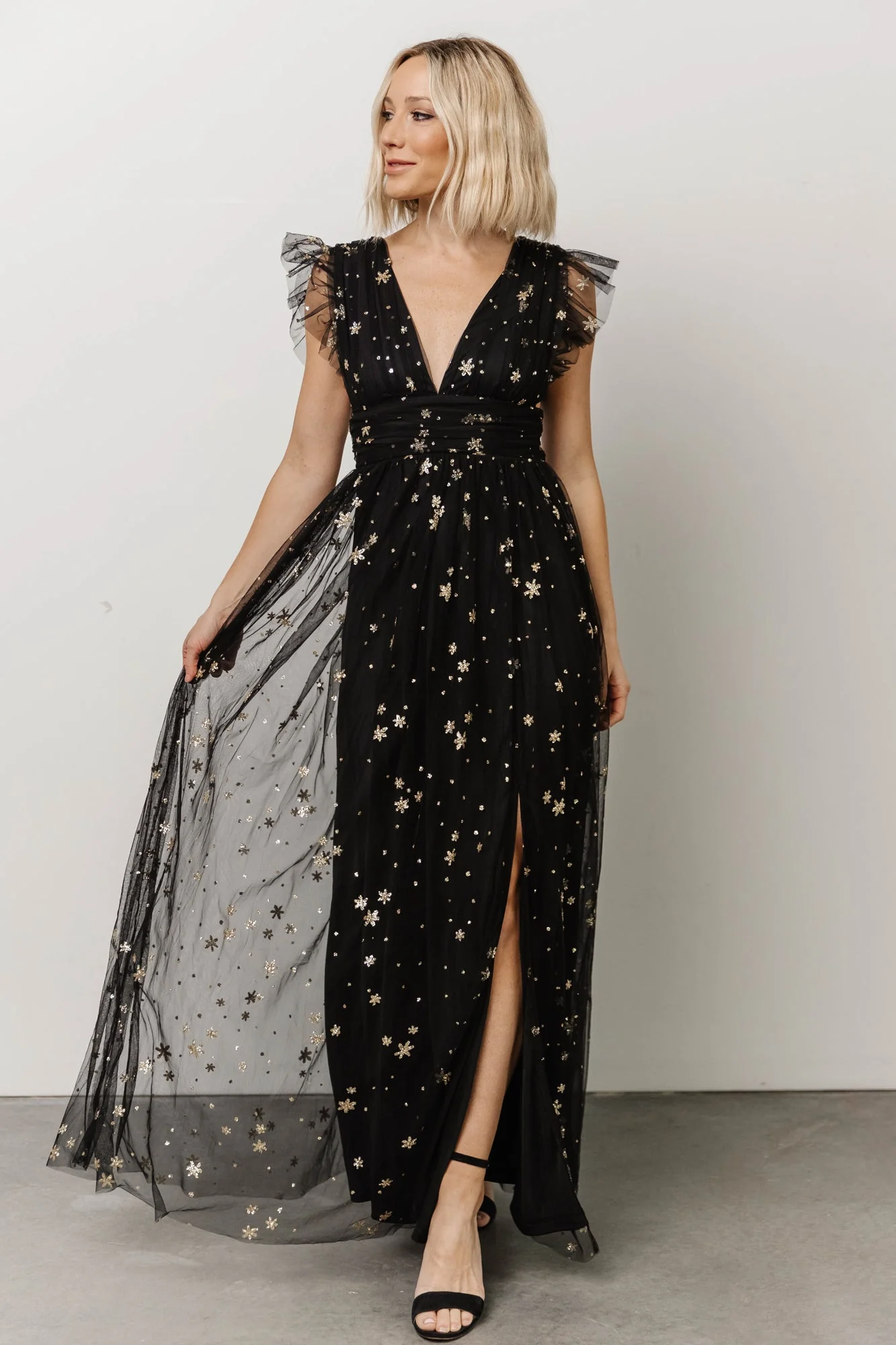 Nova Shimmer Maxi Dress | Black + Gold