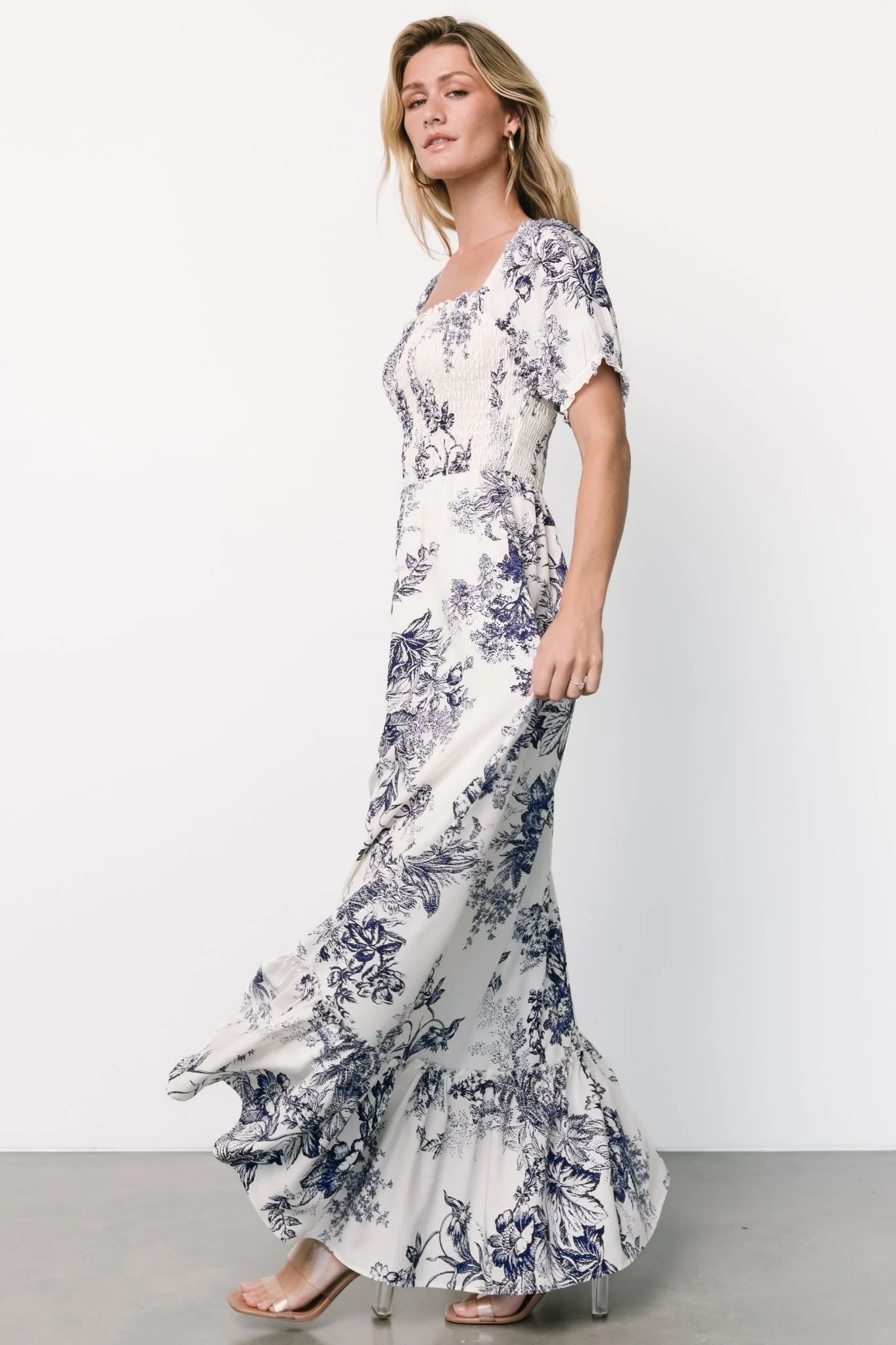 Capri Smocked Maxi Dress | Ivory + Blue Floral