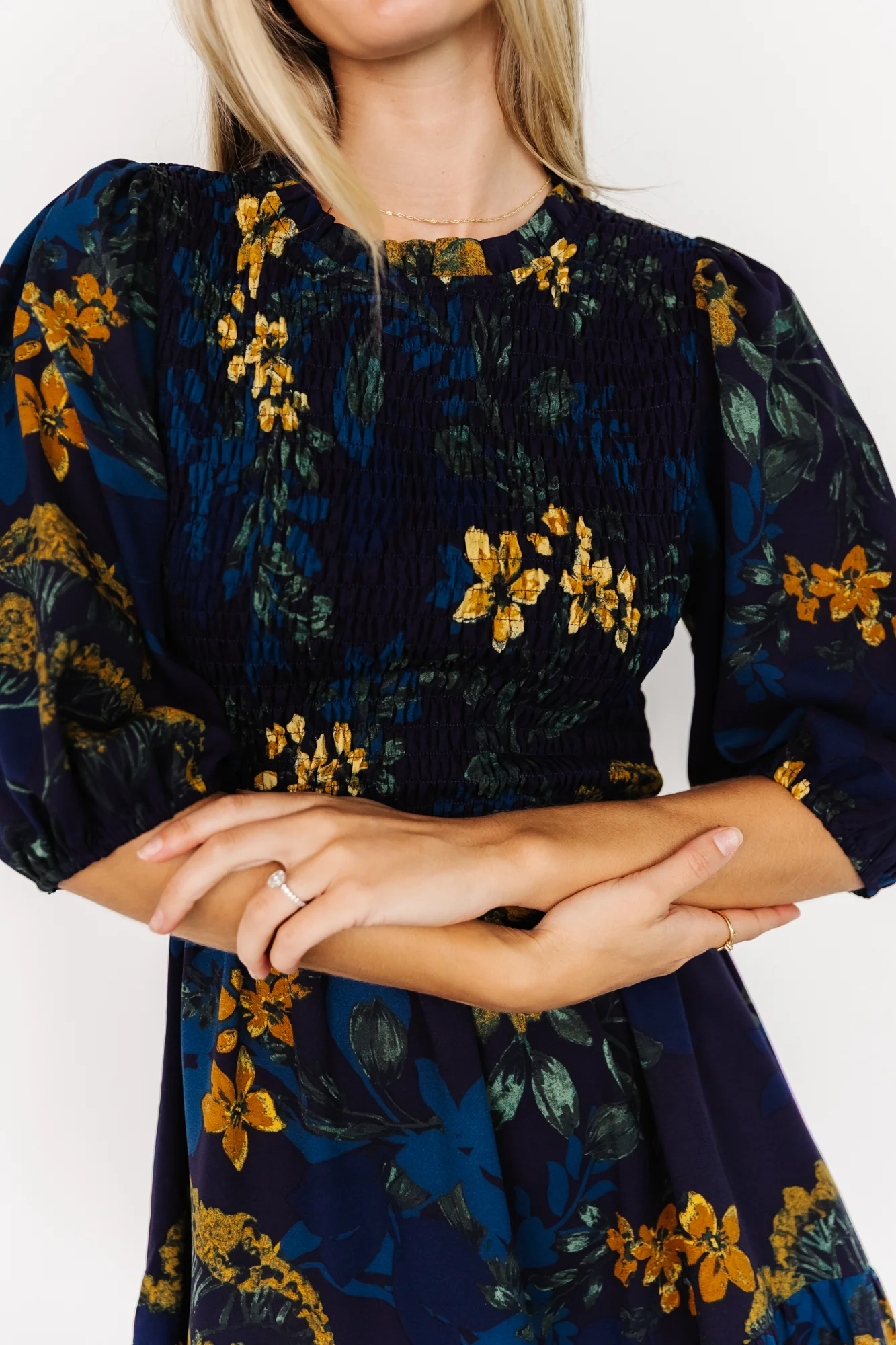 Lena Tiered Midi Dress | Navy + Gold Floral