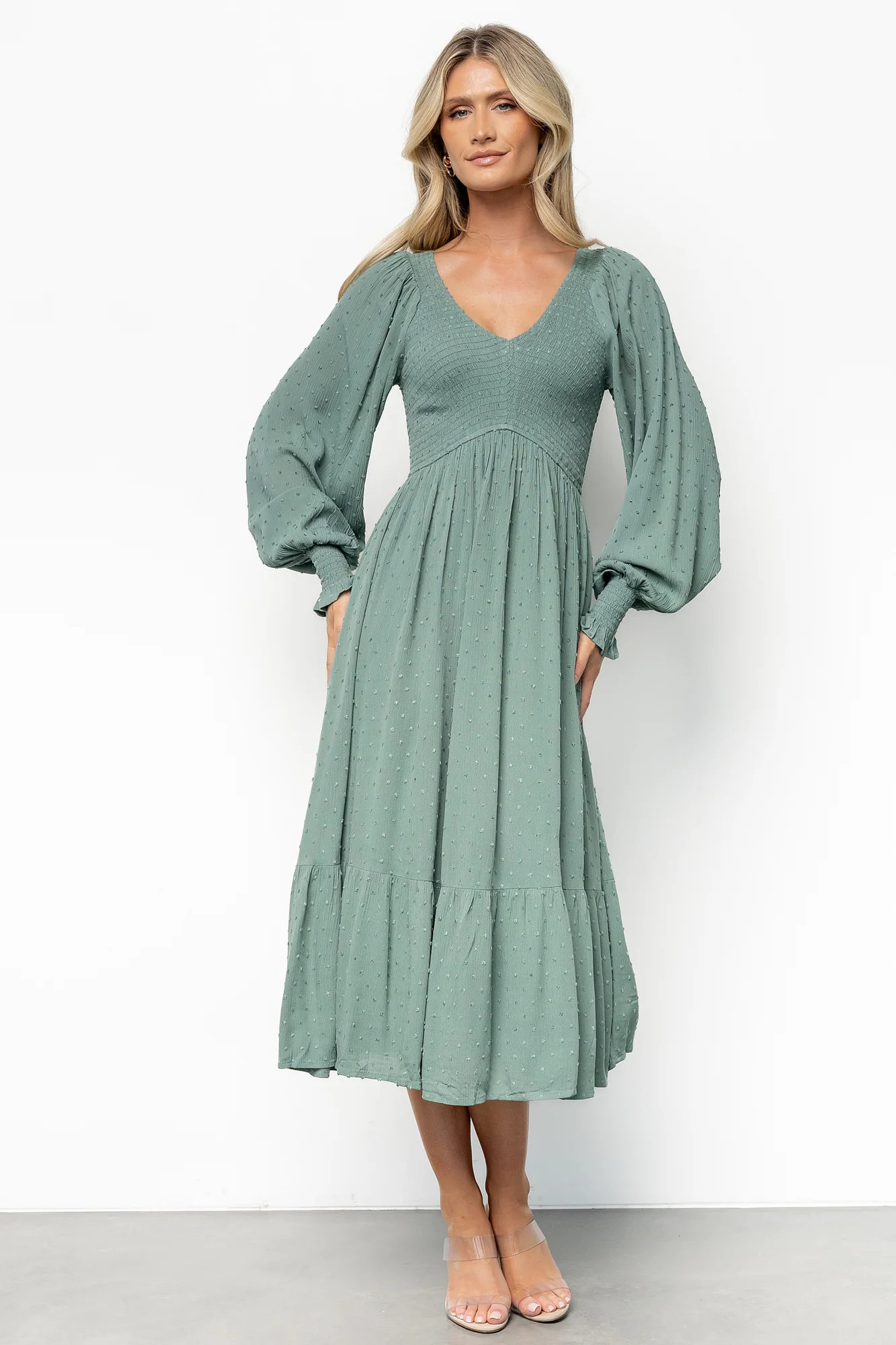 Lainey Smocked Dotted Midi Dress | Dark Sage