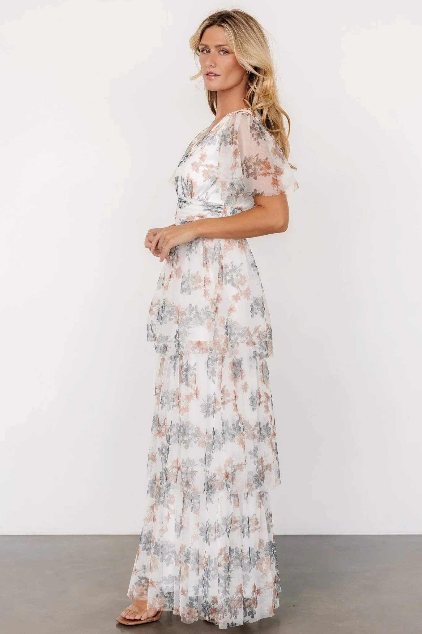 Elinor Tiered Tulle Dress | Off White + Peach Floral