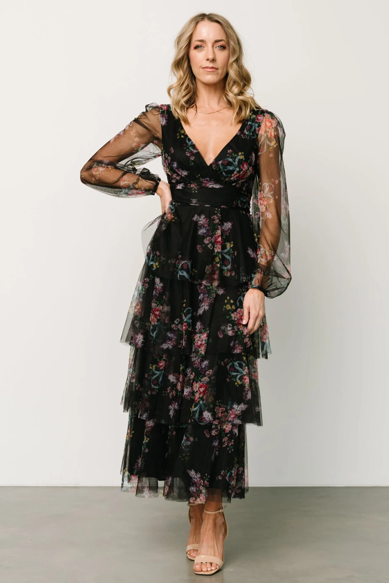 Carolina Tulle Tiered Maxi Dress | Black Floral