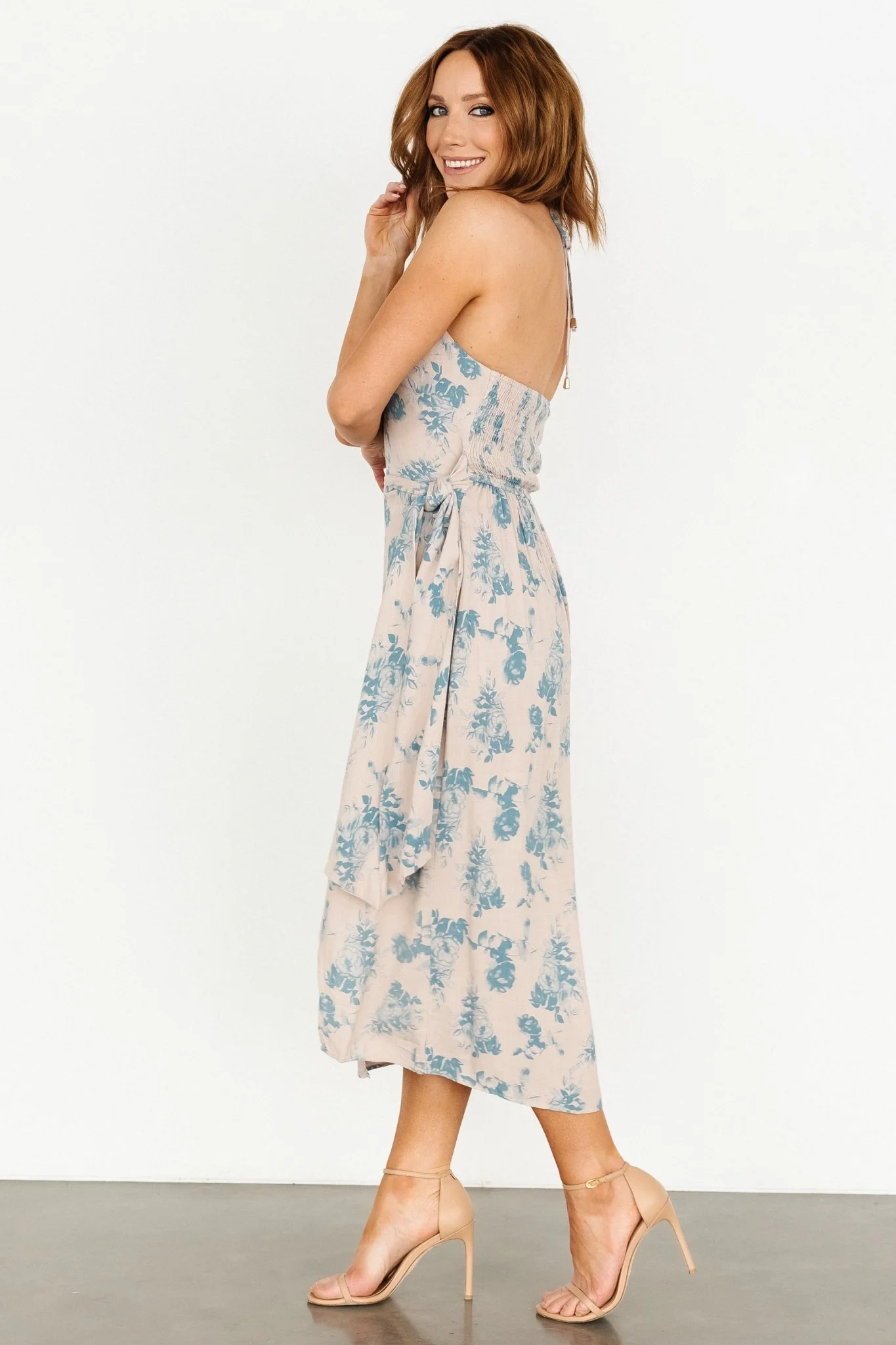 Nicole Faux Wrap Midi Dress | Natural + Blue