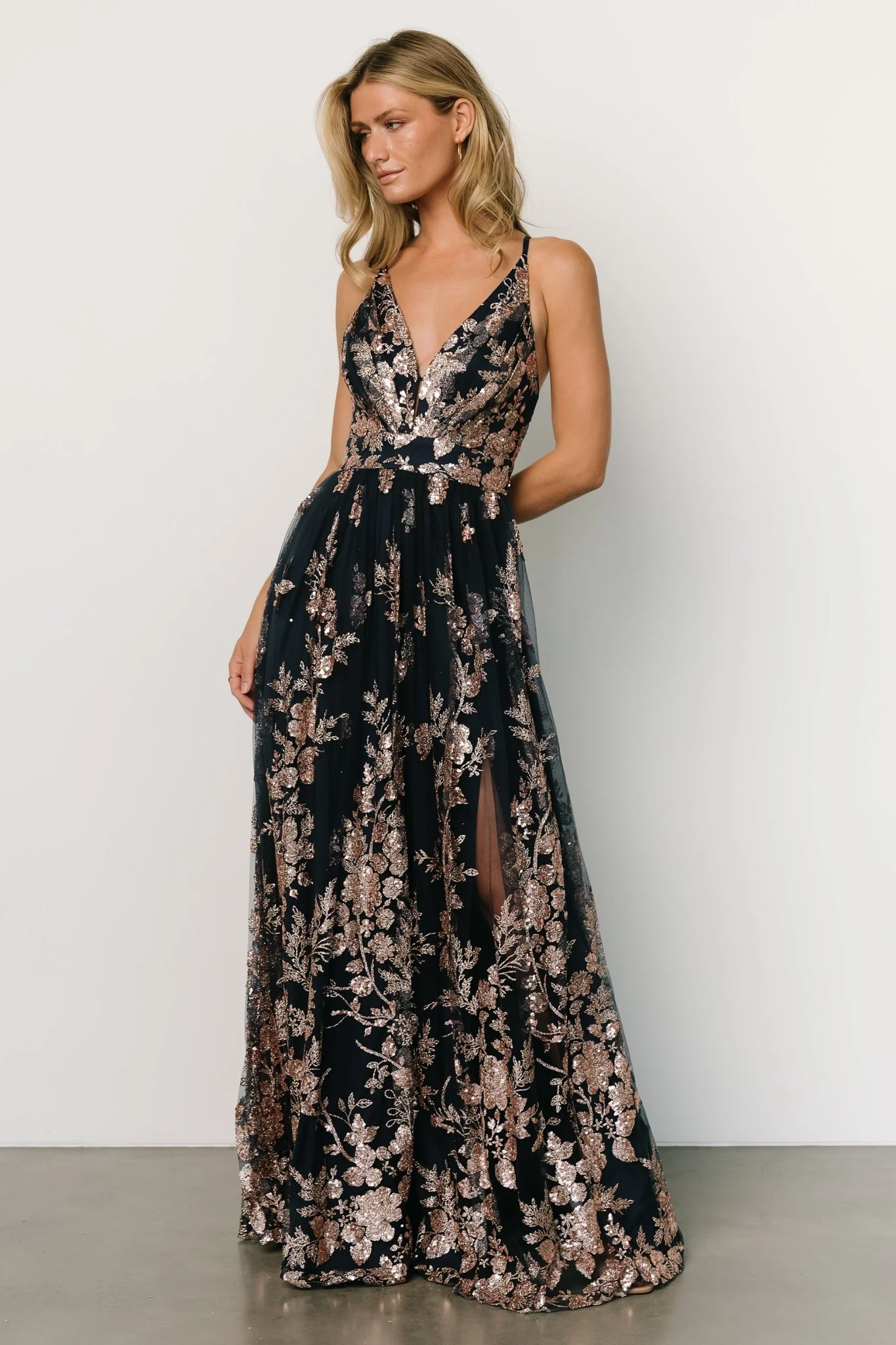 Lucienne Shimmer Maxi Gown | Navy + Rose Gold