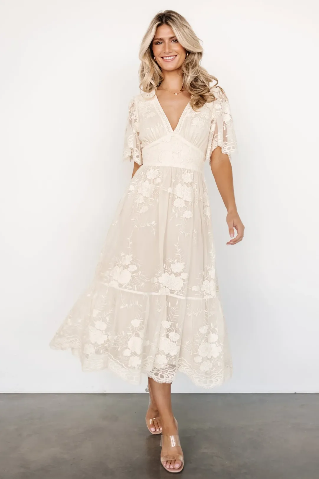 chinese dress ladies Lady Black Tie - Rebecca Lace Midi Dress - Cream main image 0