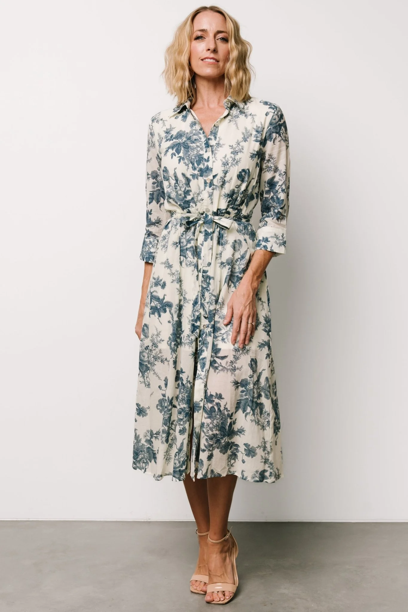Eunice Button Midi Dress | Ivory + Blue Floral