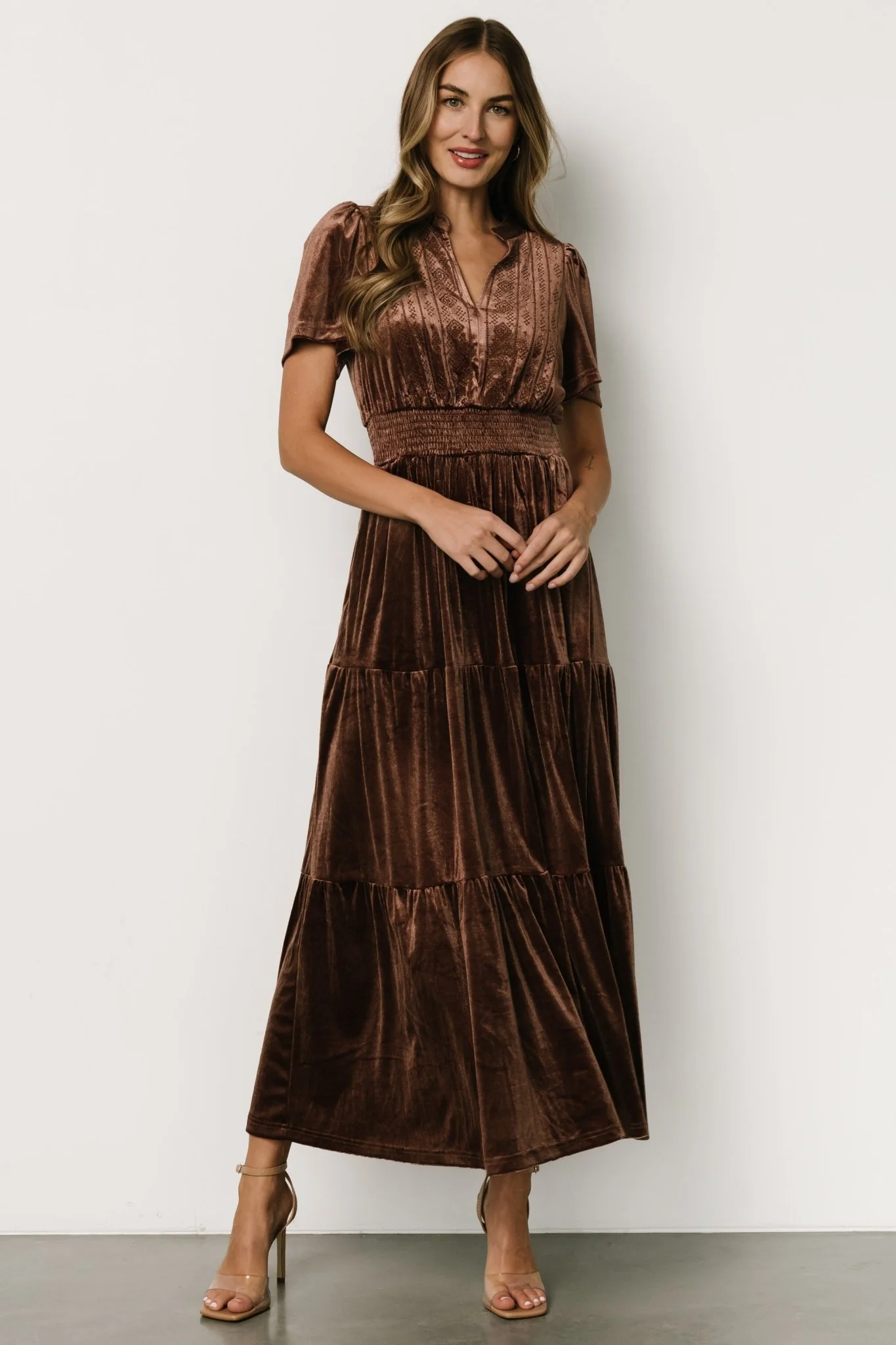 Maida Embroidered Velvet Dress | Chocolate