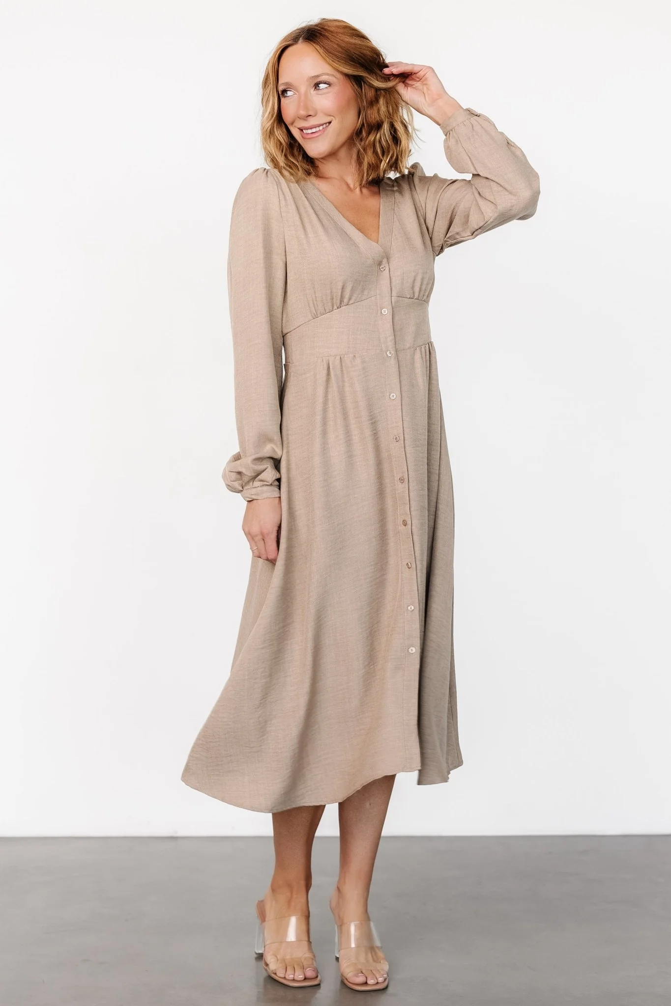 Faith Button Midi Dress | Taupe