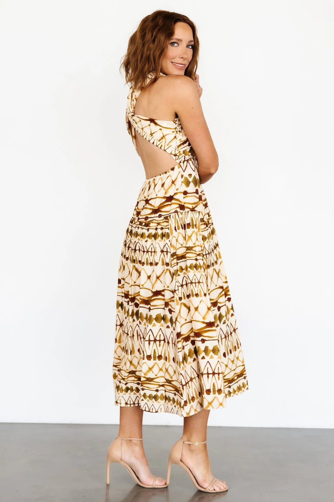 Seraphina Open Back Midi Dress | Tan Multi