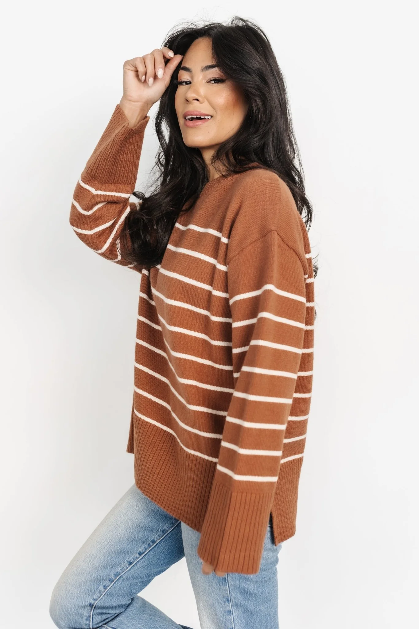 Emerson Stripe Knit Sweater | Dark Camel + Ivory