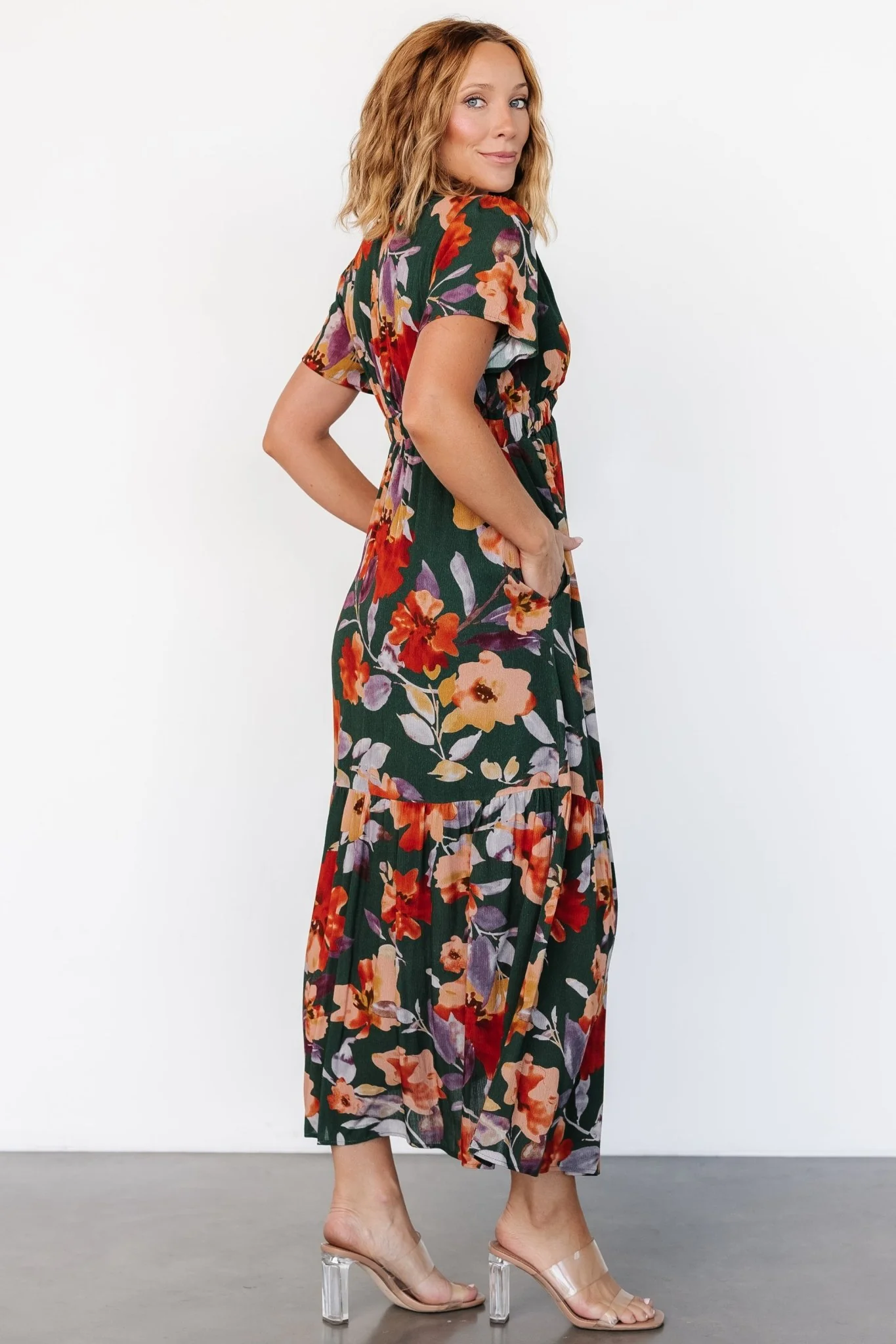 Cassie Short Sleeve Dress | Dark Green Floral